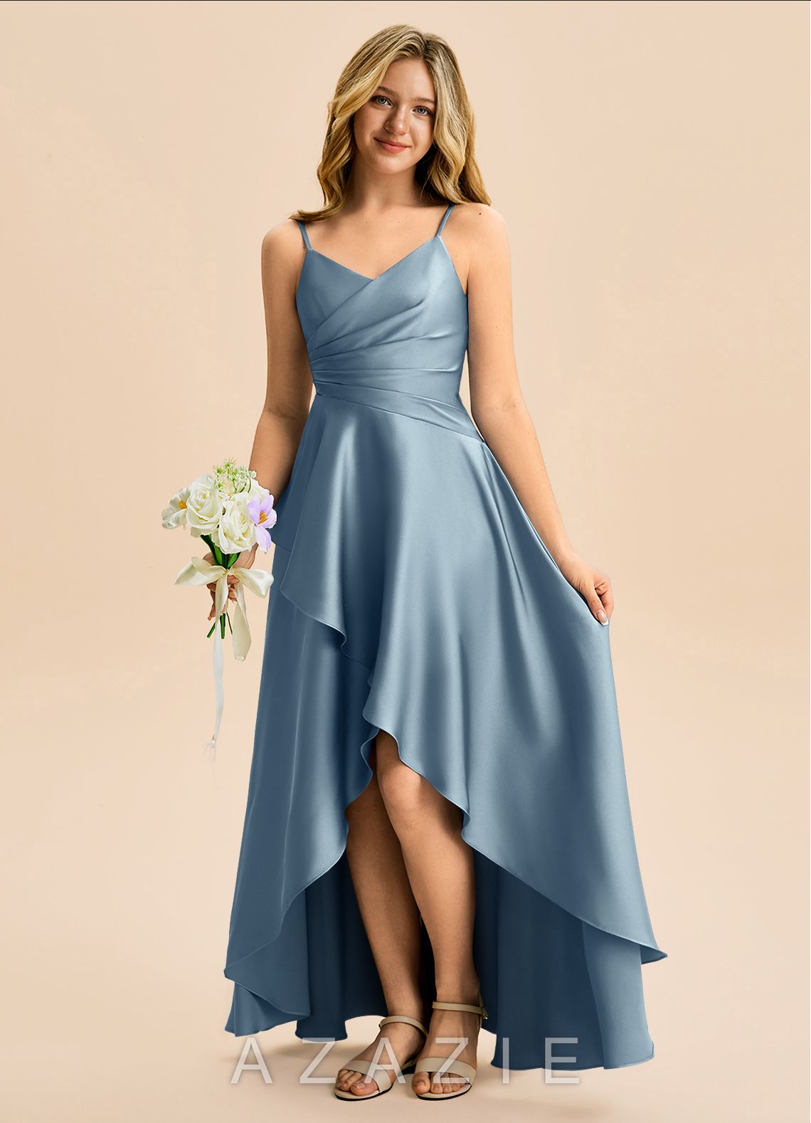 Azazie Eirlys Junior Dusty Blue A-Line Pleated Stretch Satin Dress
