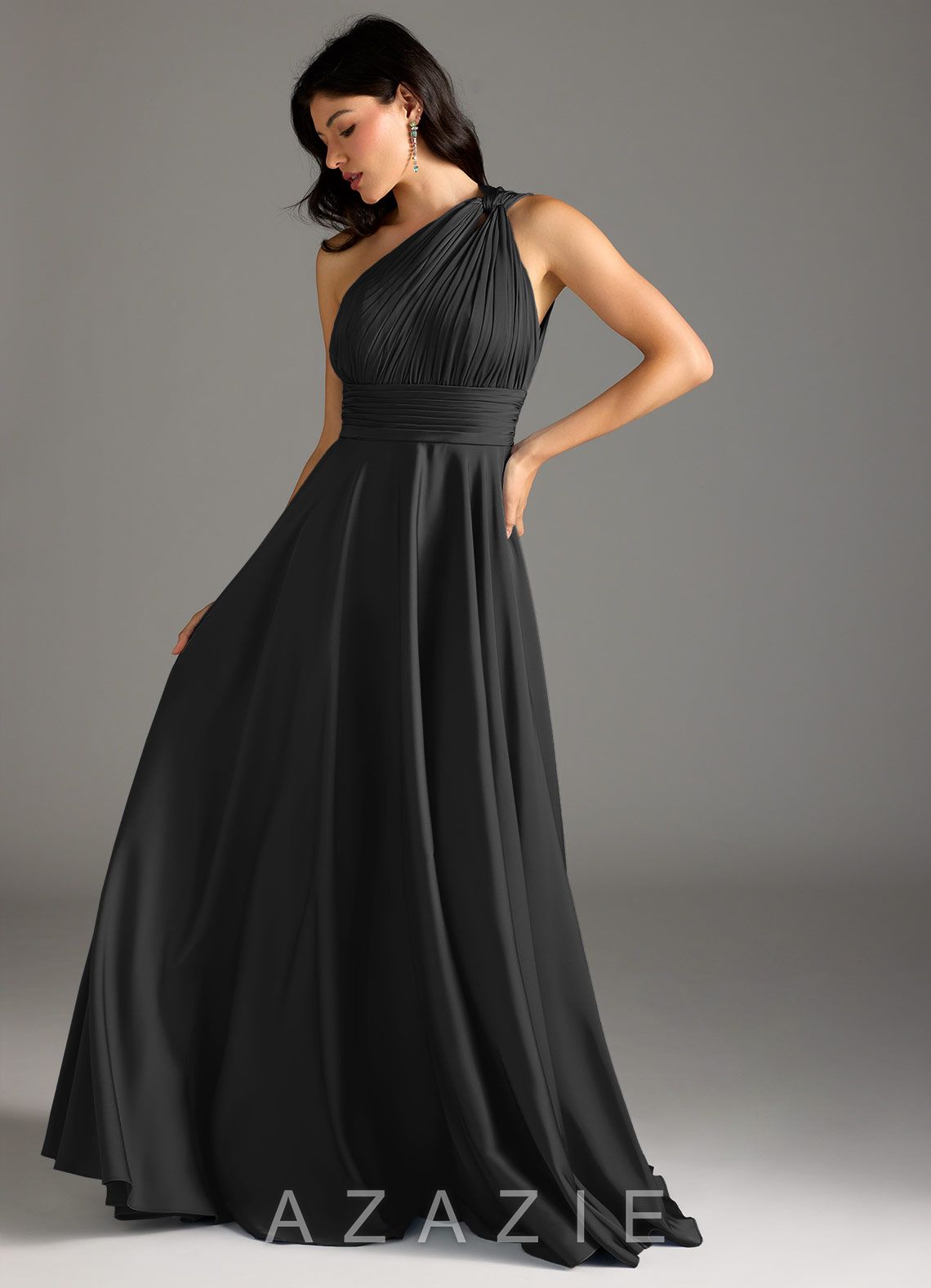 Azazie Charlize Black A-Line One Shoulder Stretch Satin Dress black