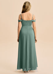 Azazie Lettie Junior Eucalyptus A-Line Off the Shoulder Stretch Satin Dress eucalyptus
