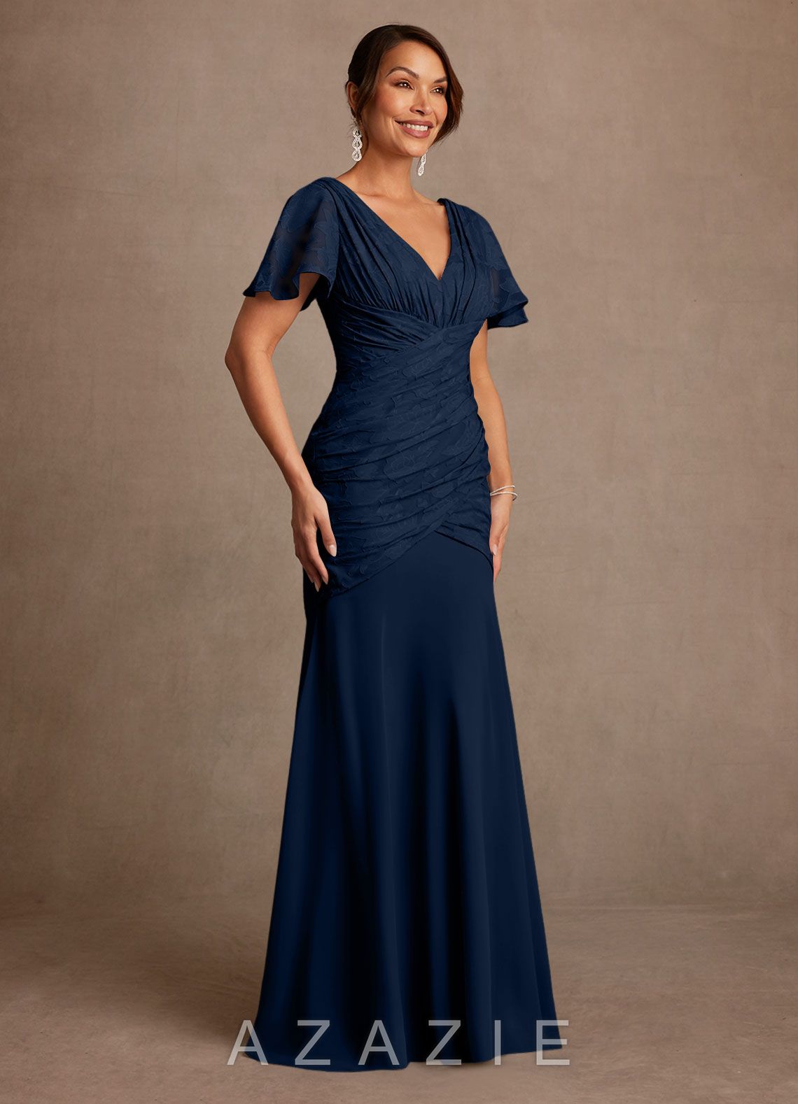 Azazie Jolene Dark Navy Mermaid Pleated Floral Burnout Dress dark_navy