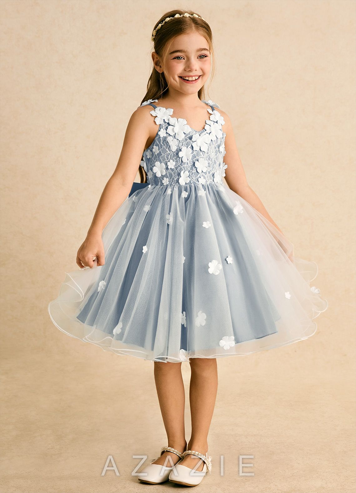 Azazie Junebug Ivory Dusty Blue Ball-Gown Lace Tulle Dress ivory/dusty_blue