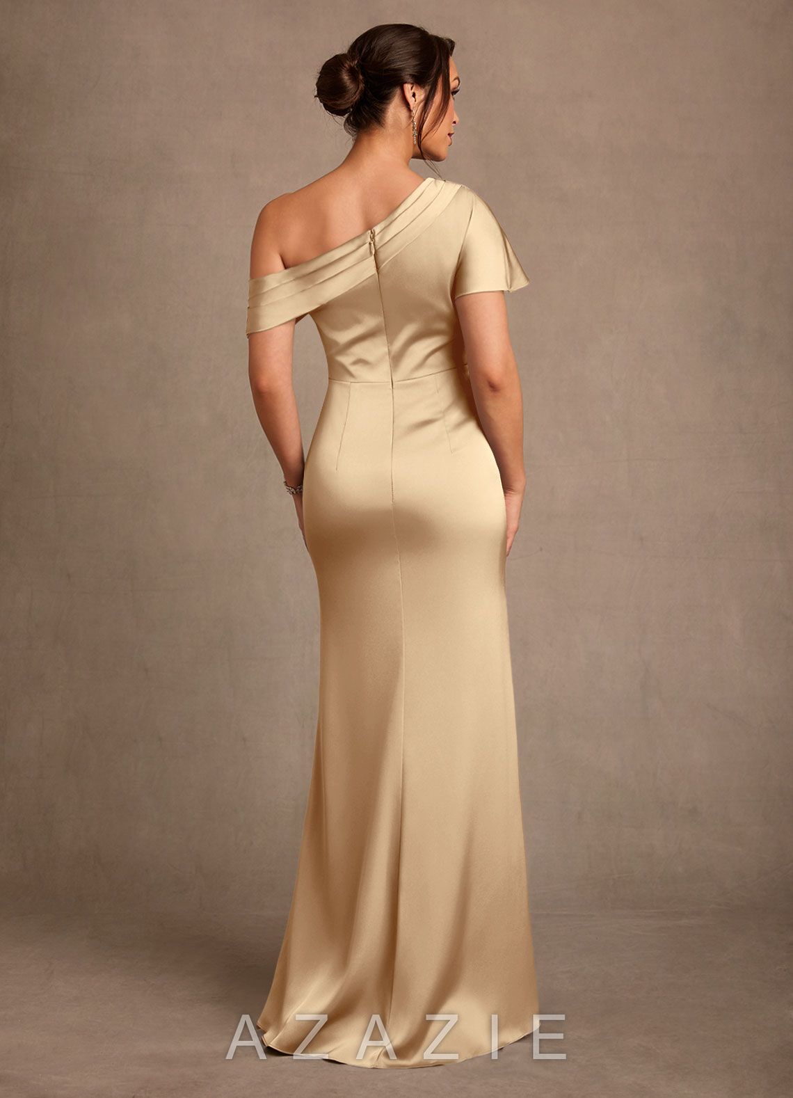 Azazie Rutha Champagne Sheath One Shoulder Stretch Satin Dress champagne