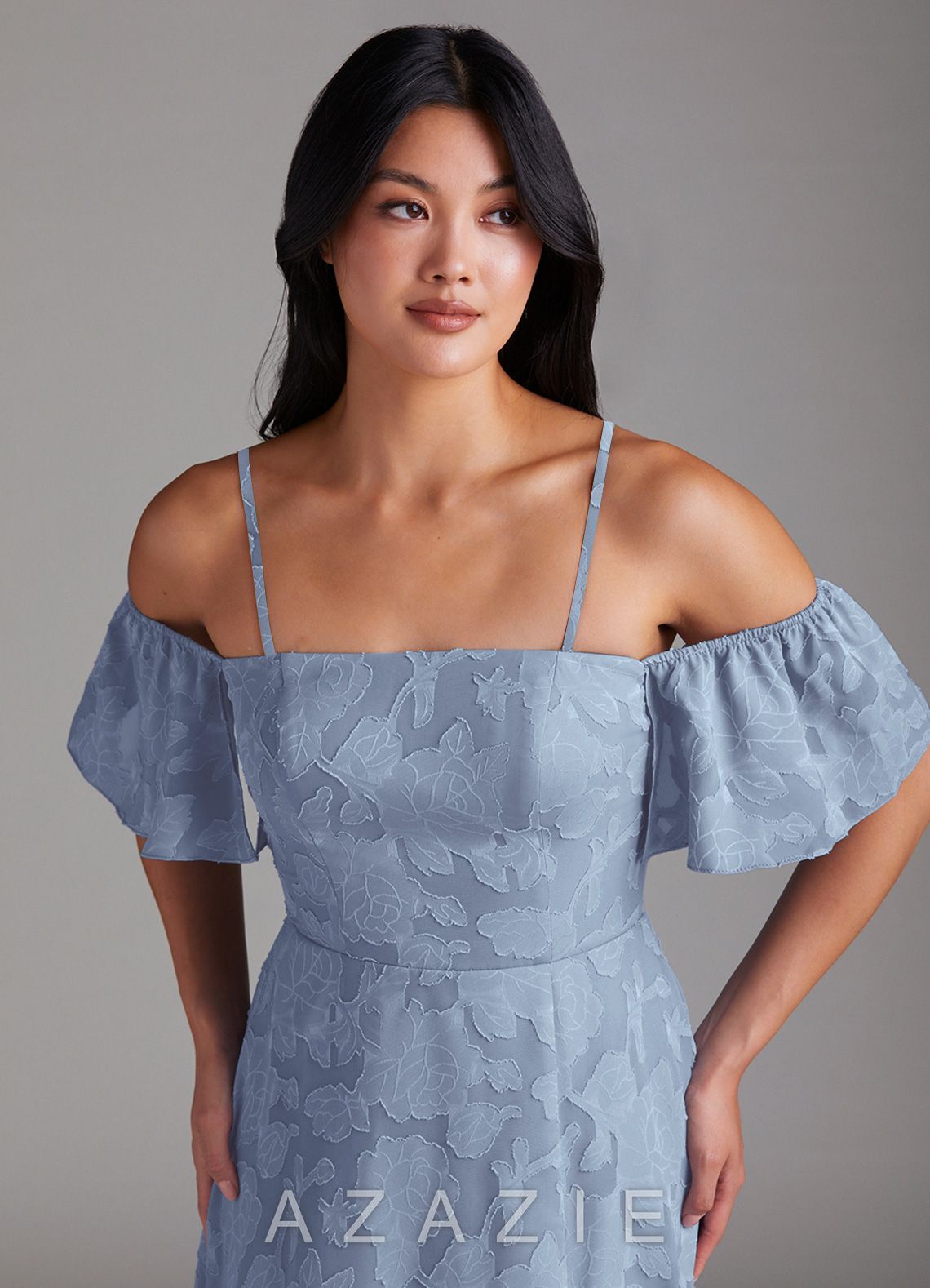 Azazie Sue Dusty Blue A-Line Off the Shoulder Floral Burnout Convertible Dress dusty_blue
