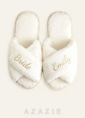 Personalized Bridesmaid Fluffy Cross Slippers  white
