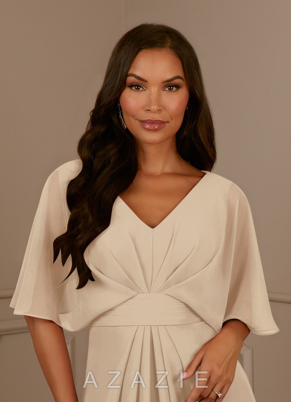 Azazie Oksana Champagne A-Line V-Neck Pleated Chiffon Dress champagne