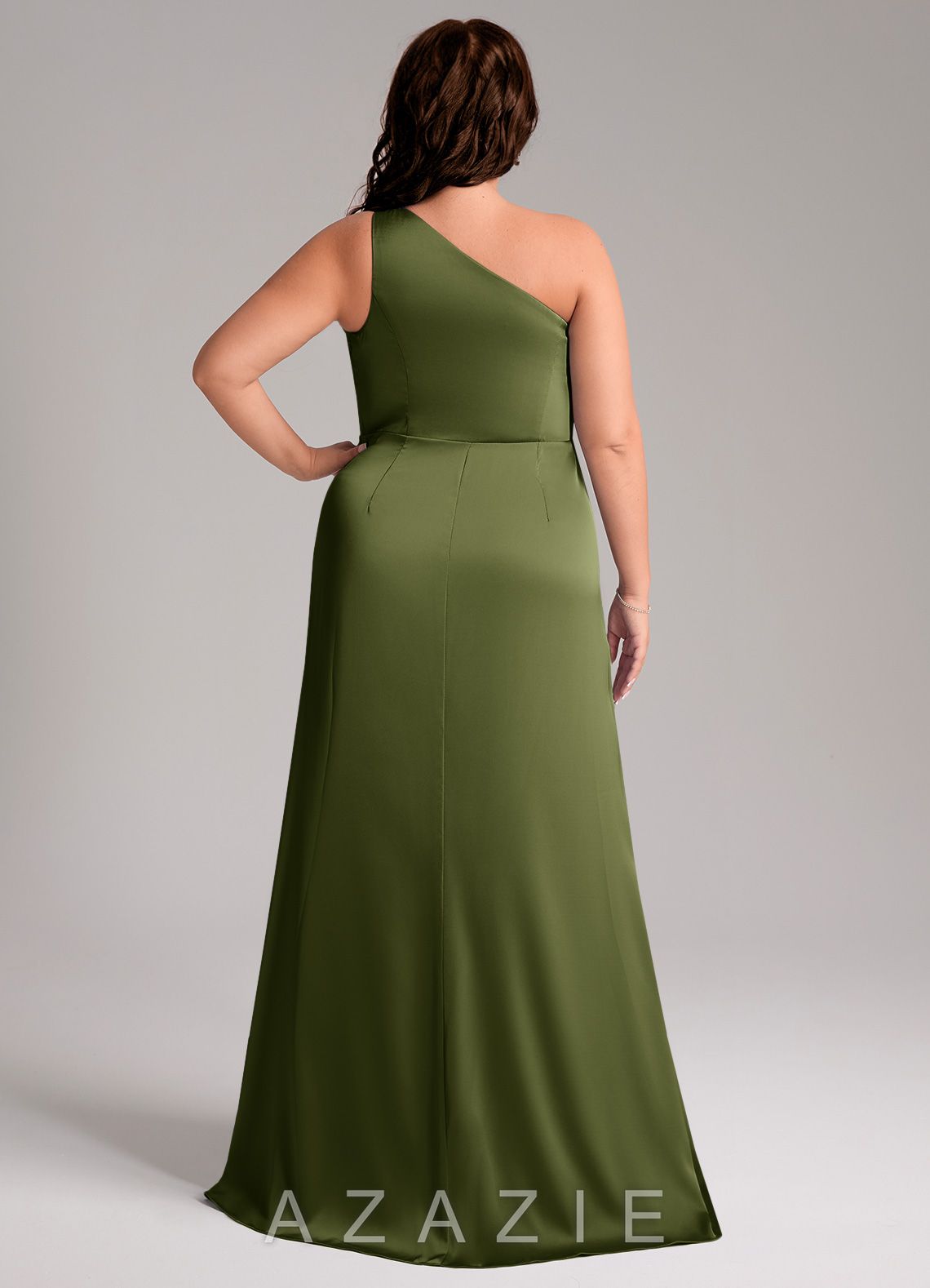 Azazie Phaedra Olive A-Line One Shoulder Stretch Satin Dress olive