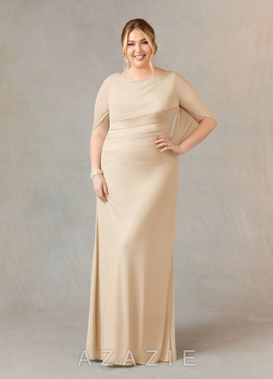 Azazie Belladonna Champagne Mermaid Scoop Pleated Mesh Dress champagne