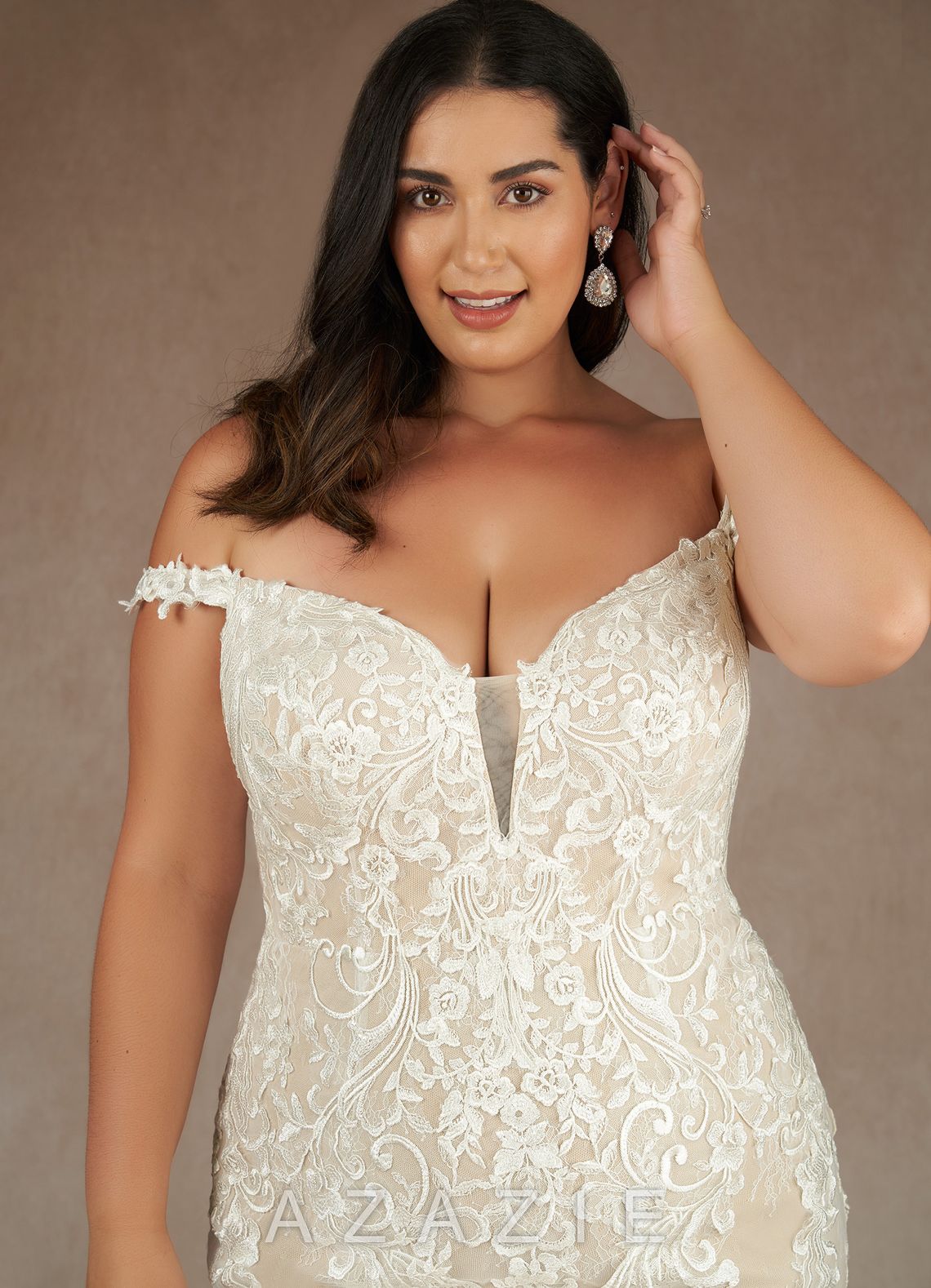 Azazie Memphis Wedding Dress Diamond White Nude Mermaid V-Neck Sequins Lace Dress diamond_white/nude