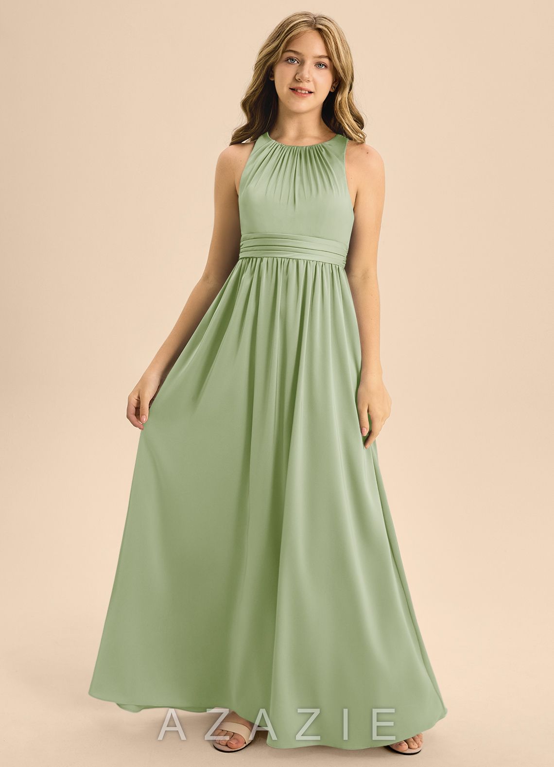 Azazie Jaylah Junior Dusty Sage A-Line Pleated Stretch Satin Dress dusty_sage