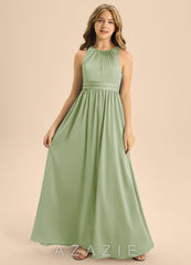 Azazie Jaylah Junior Dusty Sage A-Line Pleated Stretch Satin Dress dusty_sage