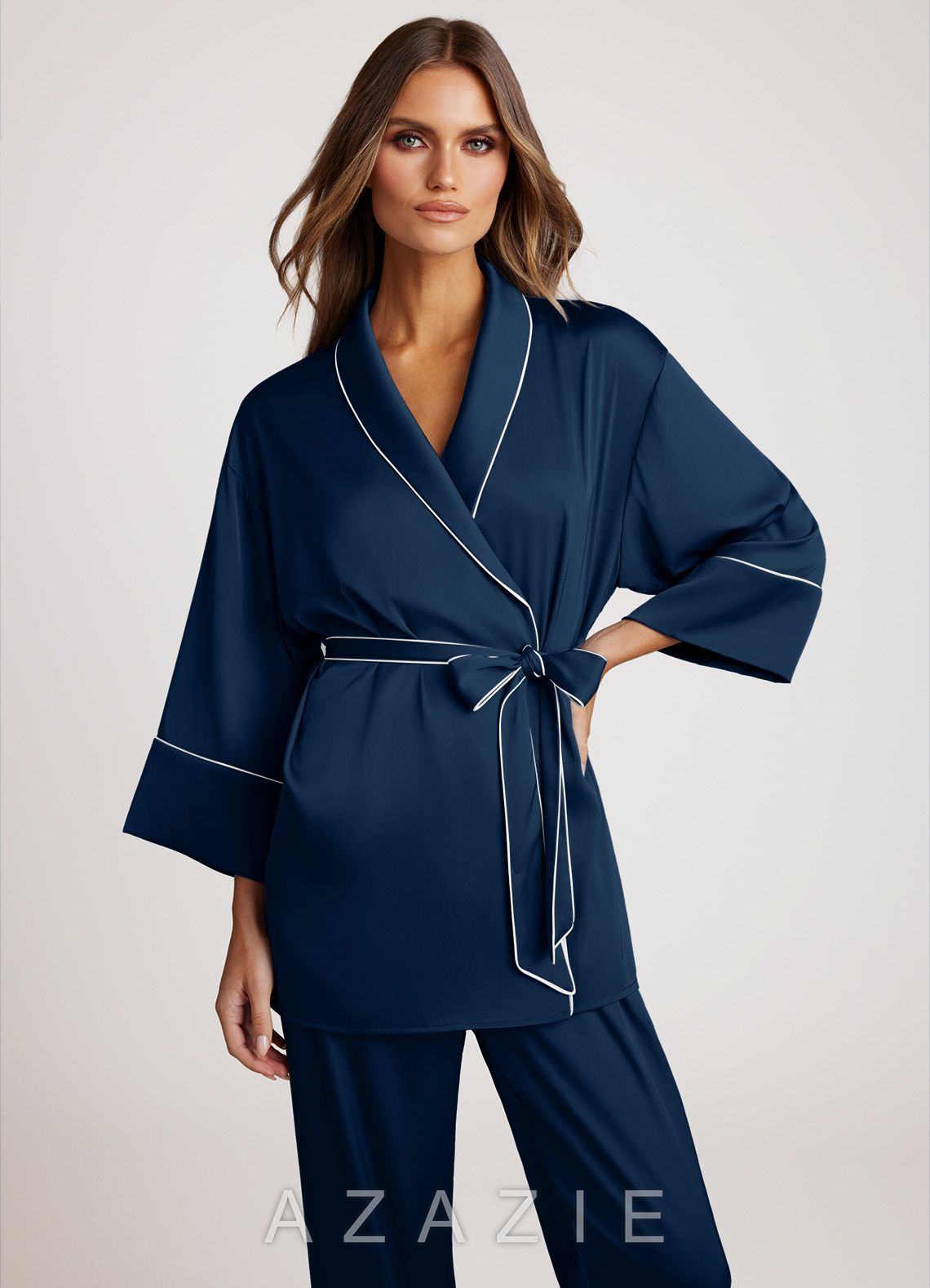 Satin Trim Pajama Set  dark_navy
