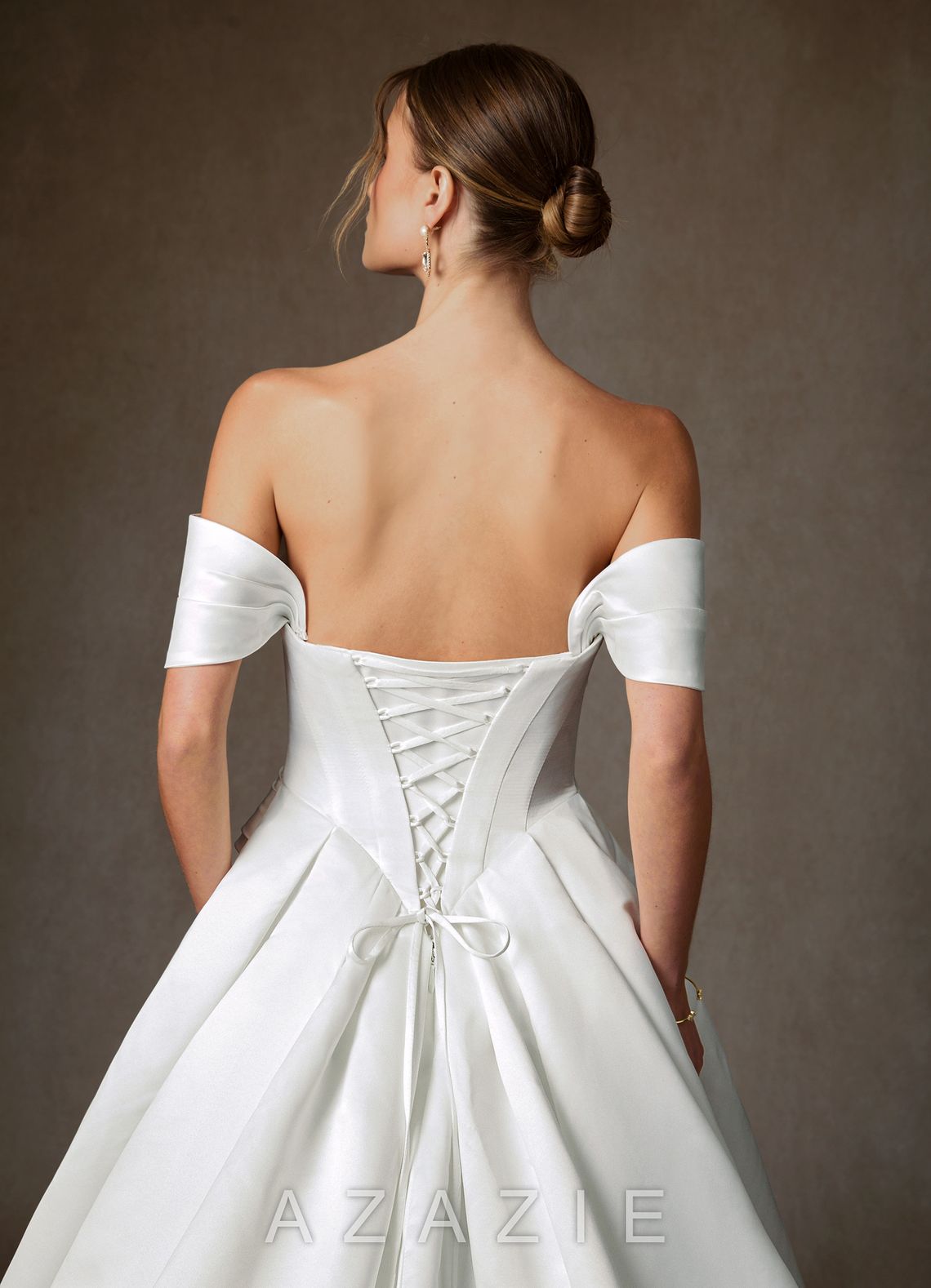 Azazie Suki Diamond White Ball-Gown Off the Shoulder Satin Dress