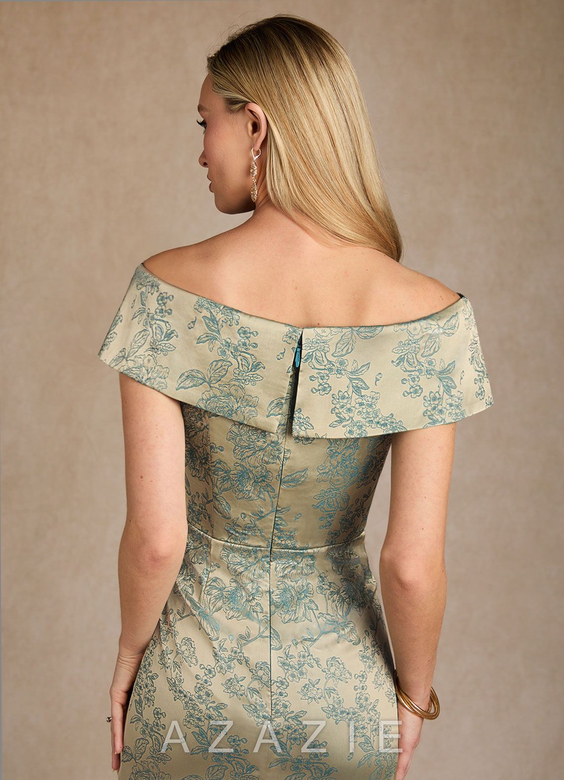 Azazie Kenosha Platinum Teal Sheath Off the Shoulder Floral Jacquard Dress platinum_teal