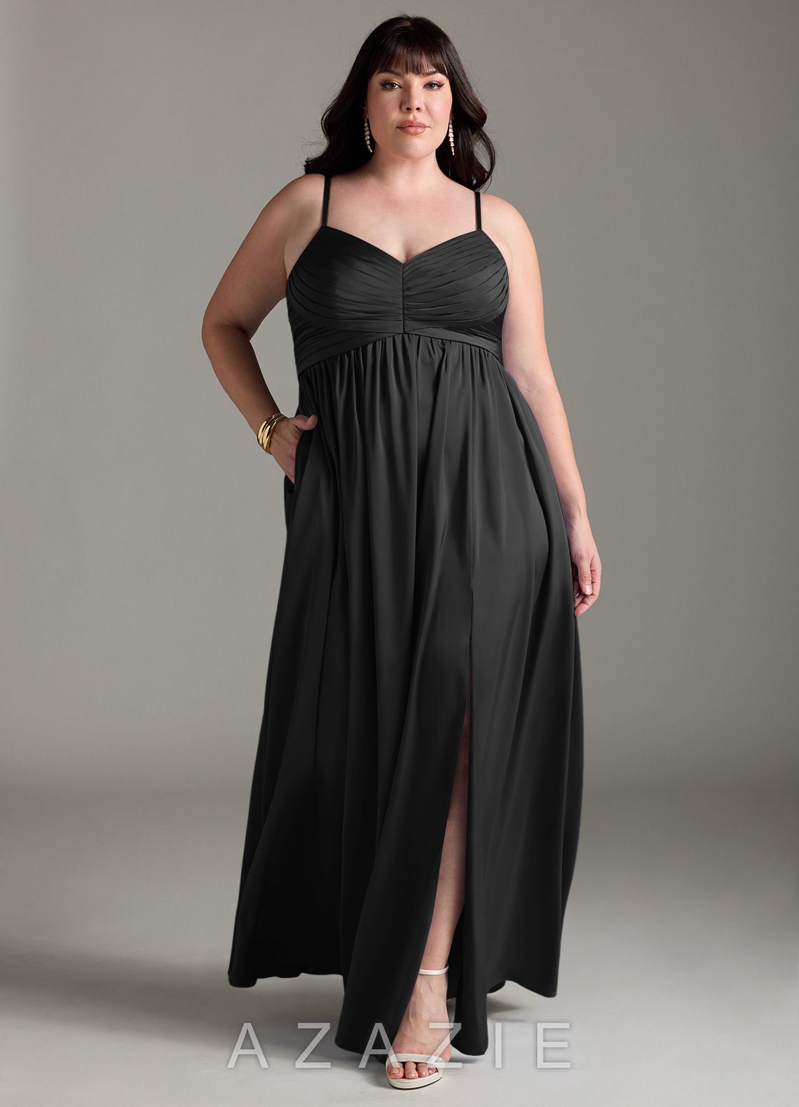 Azazie Alia Black A-Line Pleated Stretch Satin Dress black