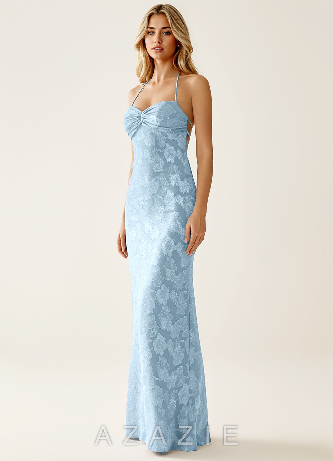 Angena Powder Blue Jacquard Open Back Summer Dress
