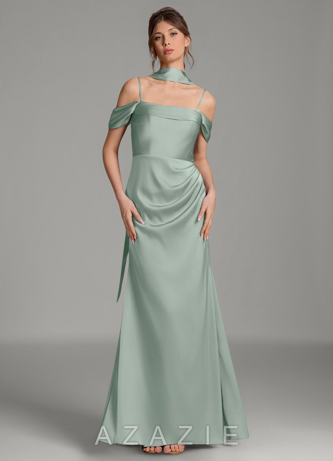 Azazie Wyatt Agave Mermaid Off the Shoulder Stretch Satin Dress agave