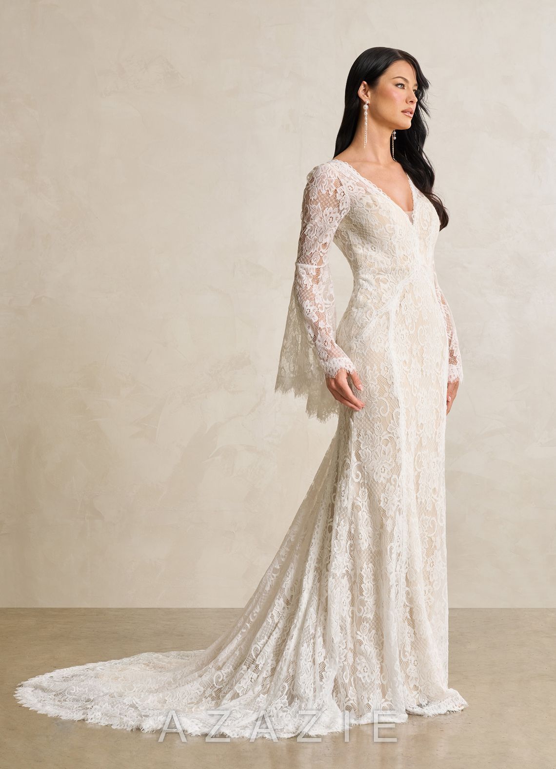Azazie Hayes Wedding Dress Diamond White Champagne Mermaid V-Neck Lace Dress diamond_white/champagne