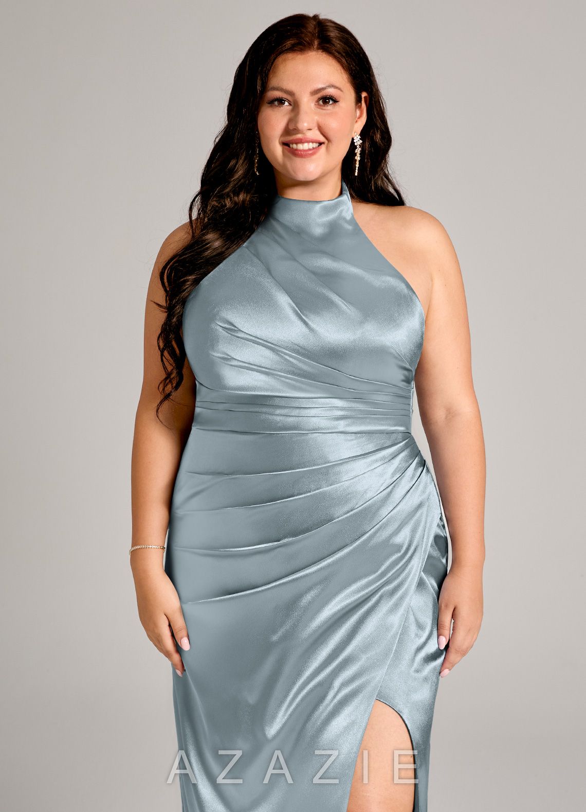 Azazie Jemma Dusty Blue Sheath Pleated Metallic Satin Dress dusty_blue