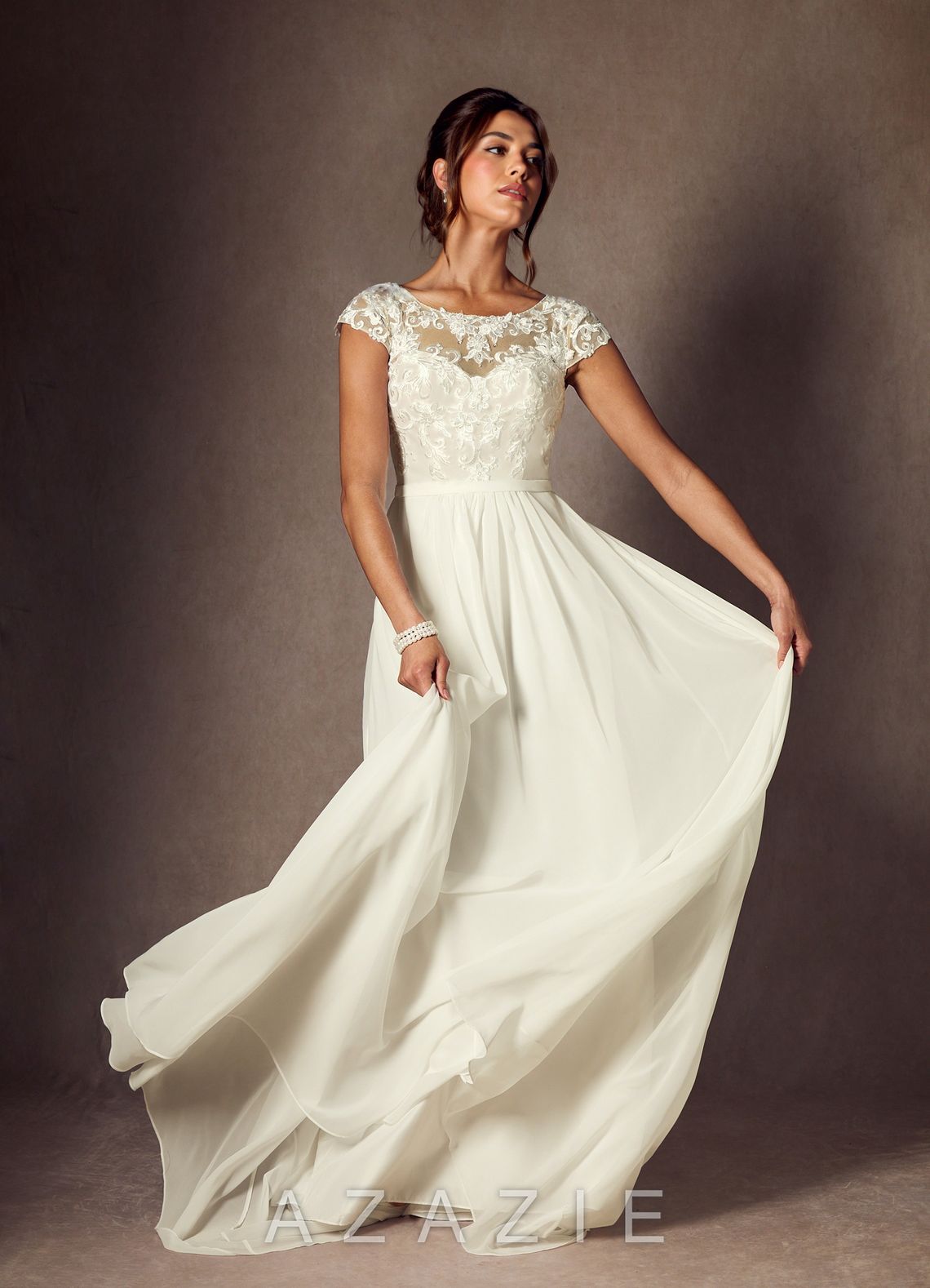 Azazie Brynslee Wedding Dress Cream A-Line Scoop Sequins Chiffon Dress cream