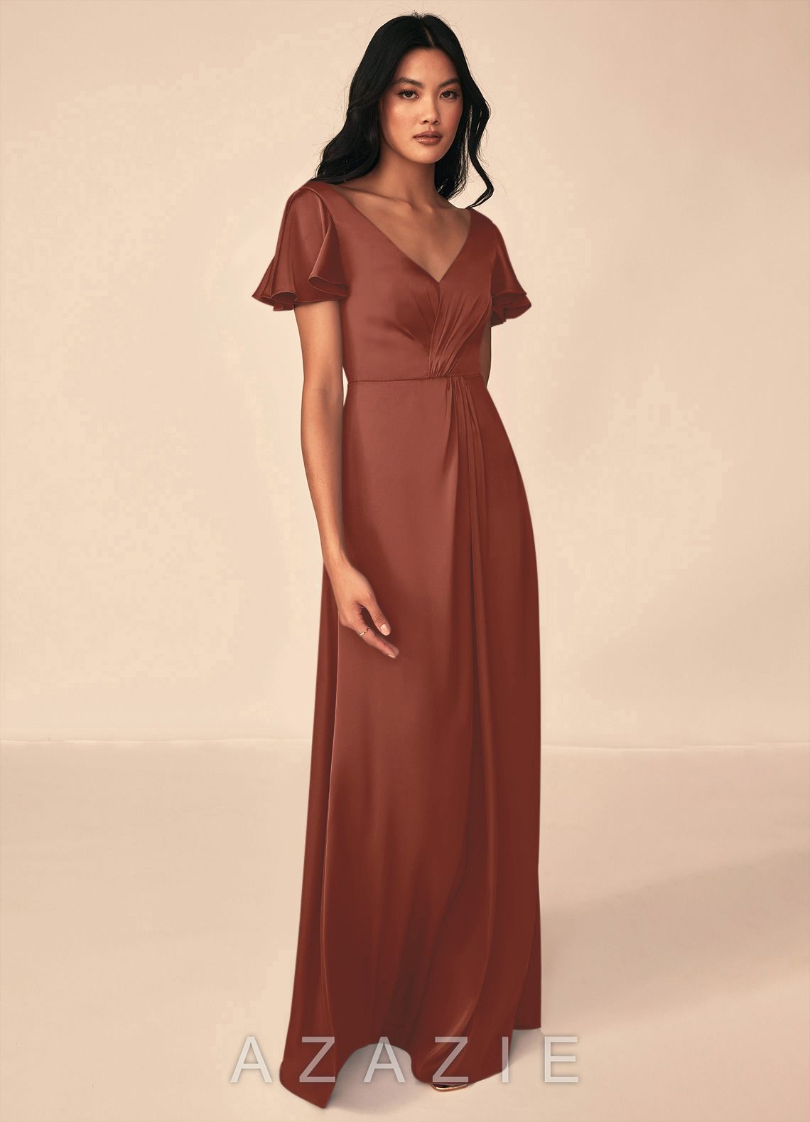 Azazie Soren Auburn A-Line Pleated Stretch Satin Dress auburn