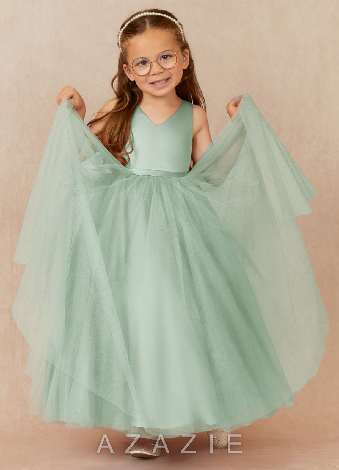 Azazie Marybell Agave A-Line Bow Tulle Dress agave