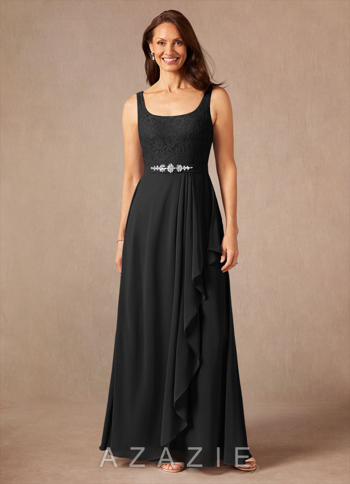 Azazie Ainsling Black A-Line Square Neckline Lace Chiffon Dress black