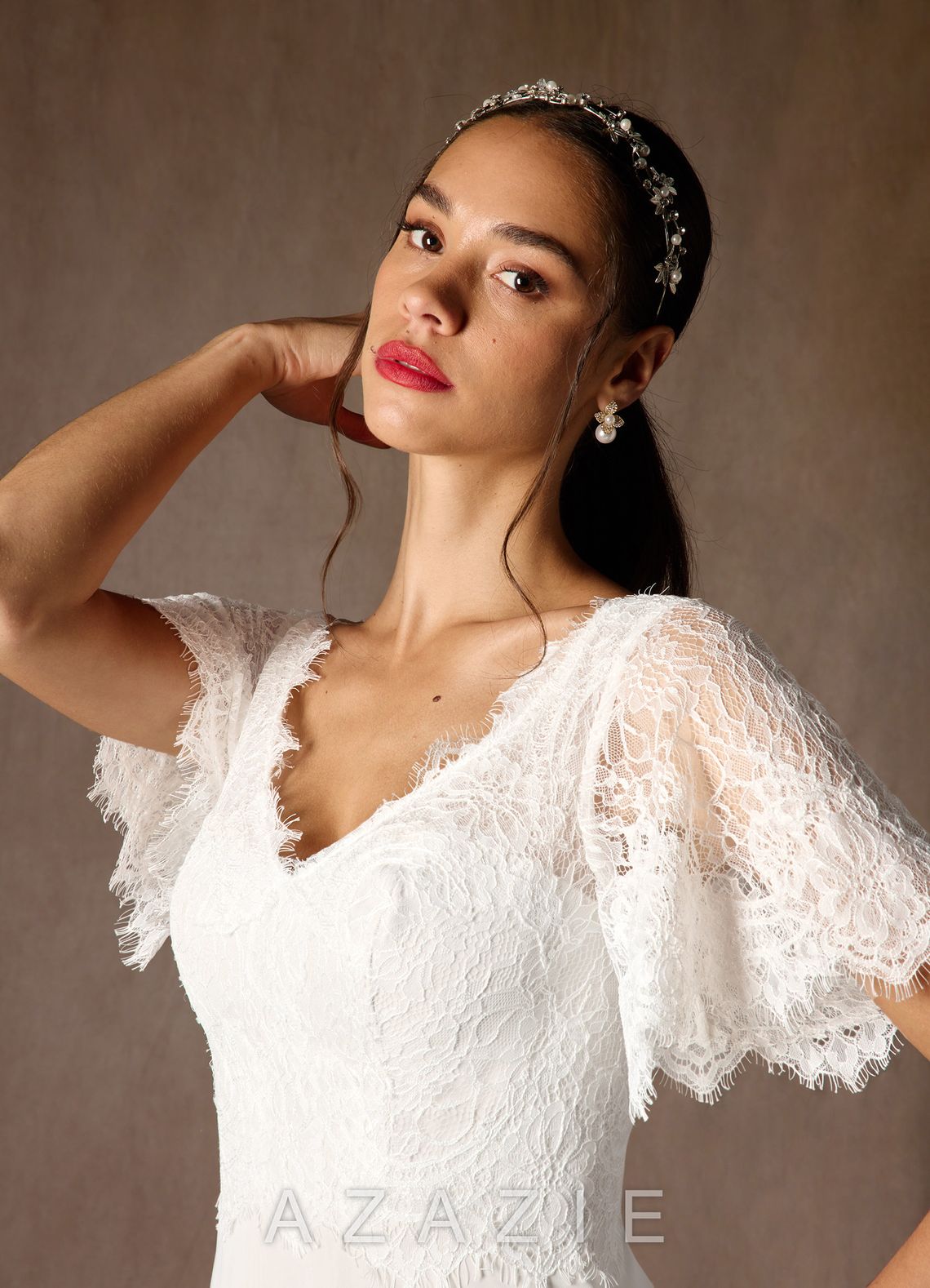 Azazie Veradis Wedding Dress Diamond White A-Line V-Neck lace Chiffon Dress diamond_white