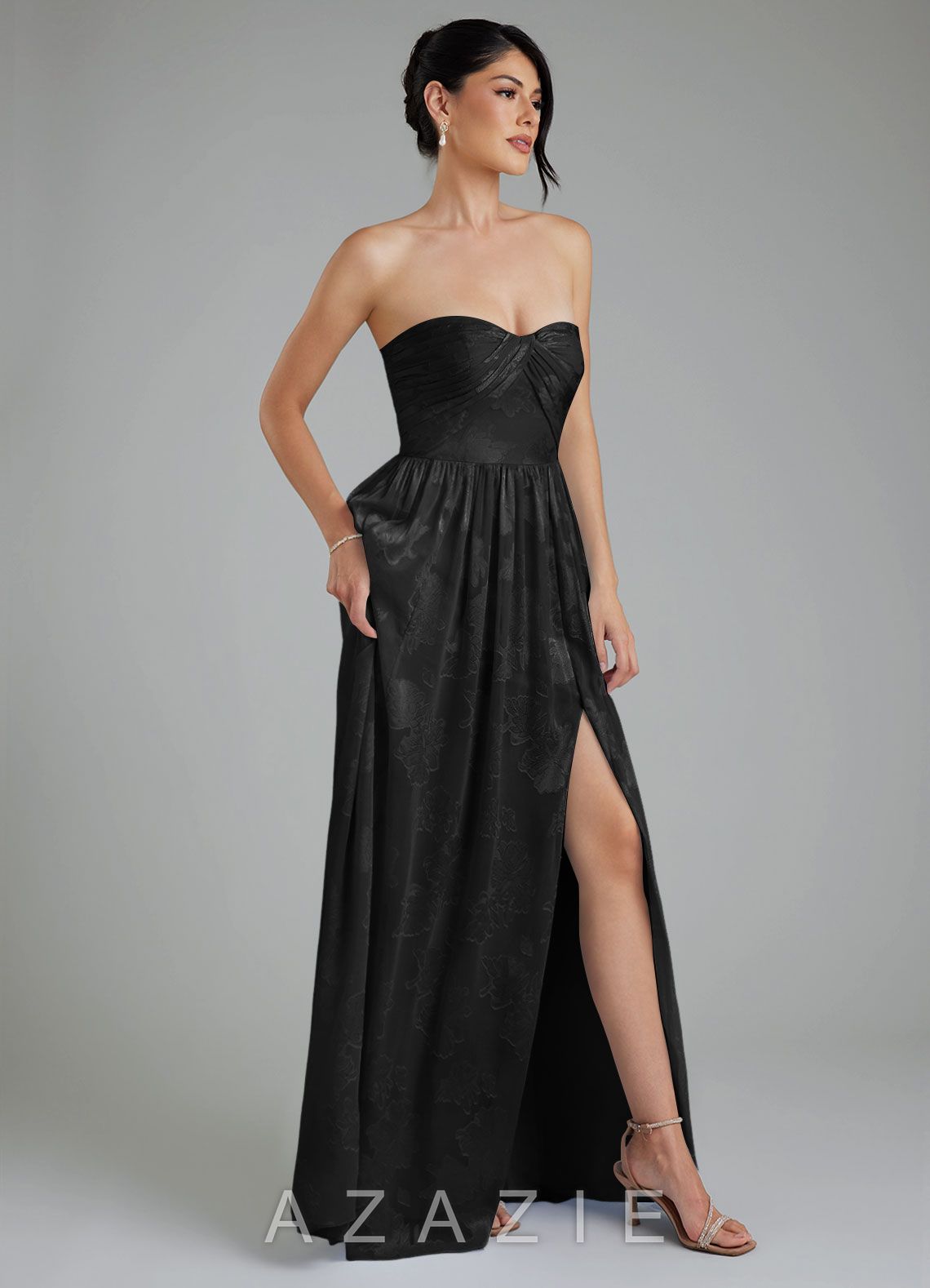 Azazie Helena Black A-Line Strapless Floral Jacquard Burnout Convertible Dress black