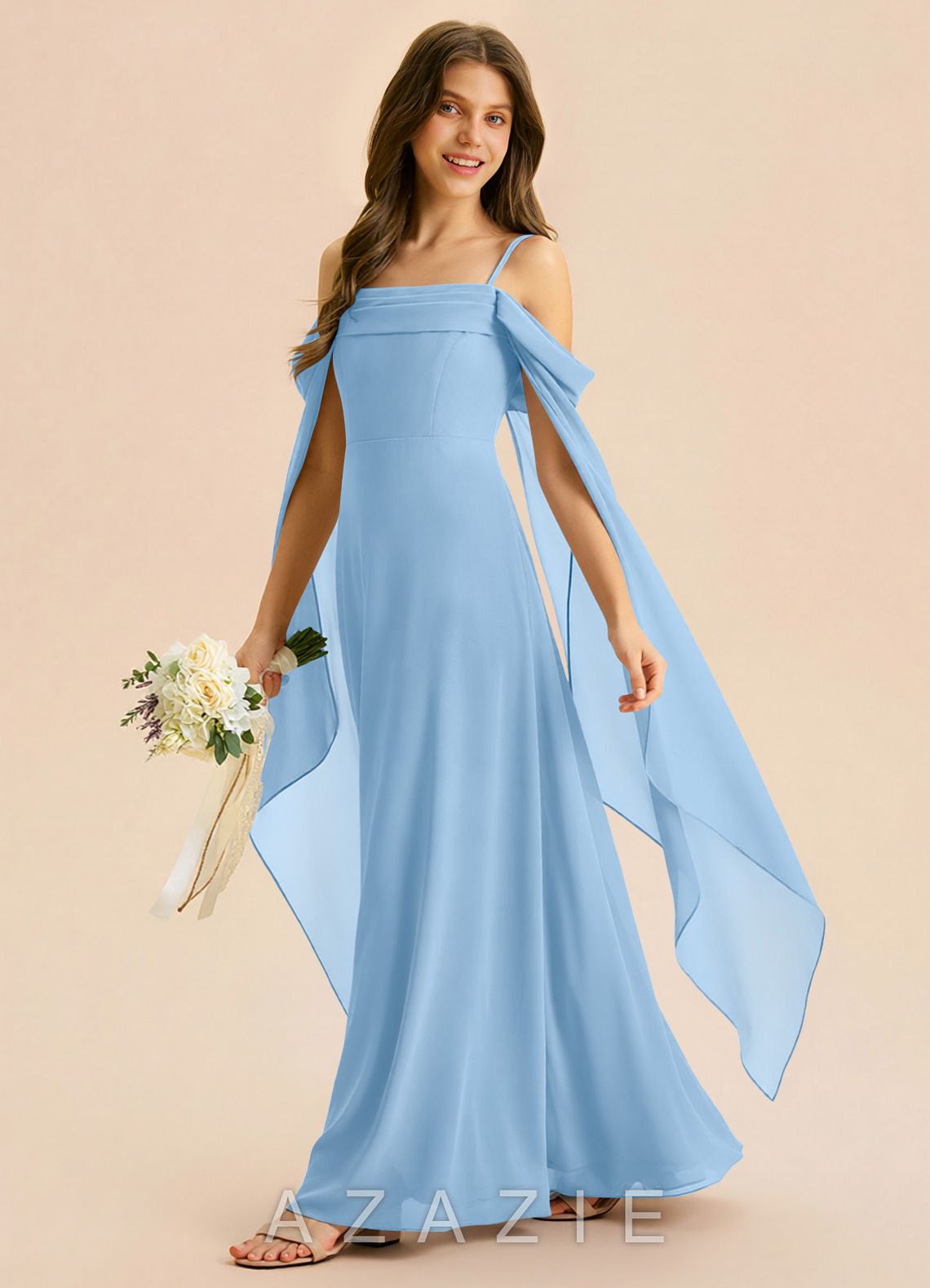 Azazie Moana Junior Powder Blue A-Line Pleated Chiffon Dress