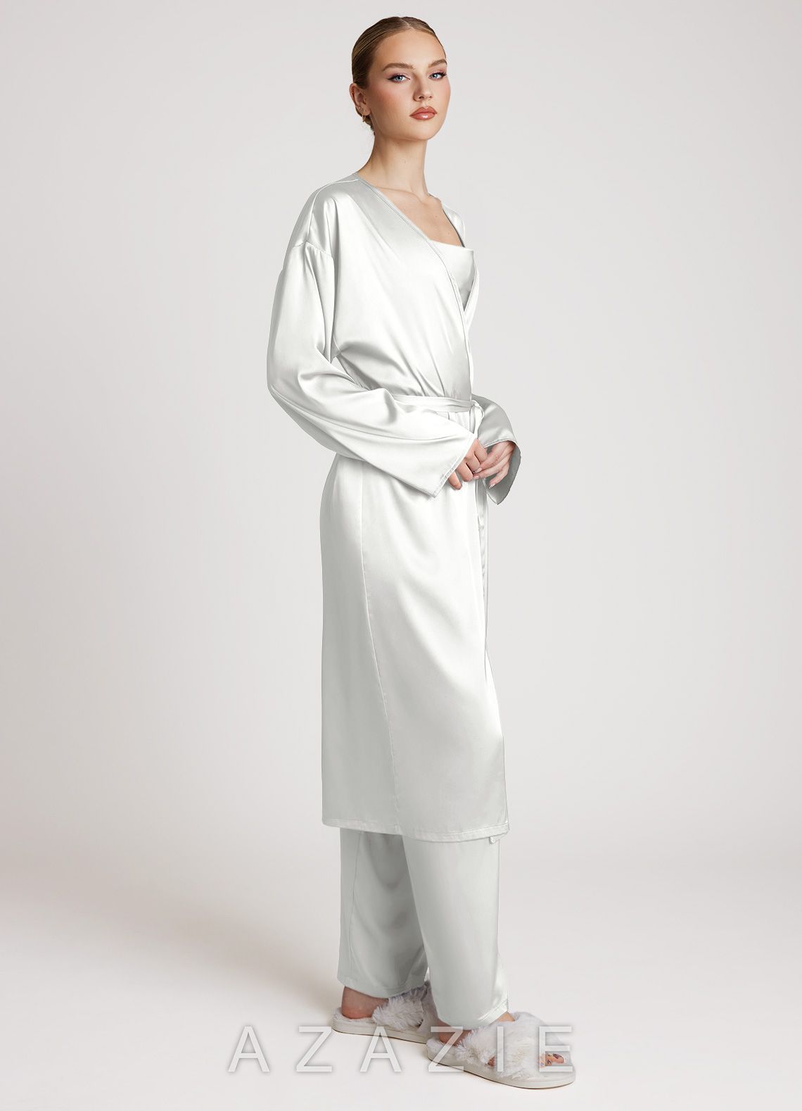 Satin Long Sleeves 3-Piece Loungewear Set  white