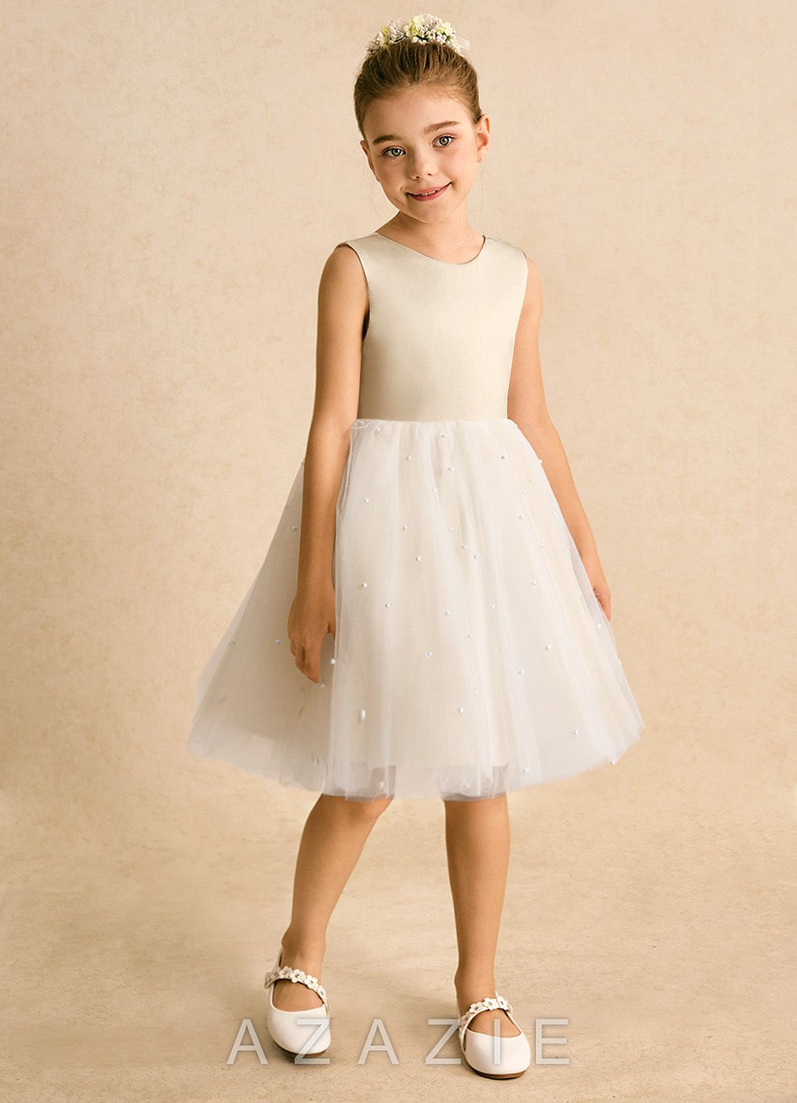 Azazie Esme Champagne Ball-Gown Bow Tulle Dress champagne