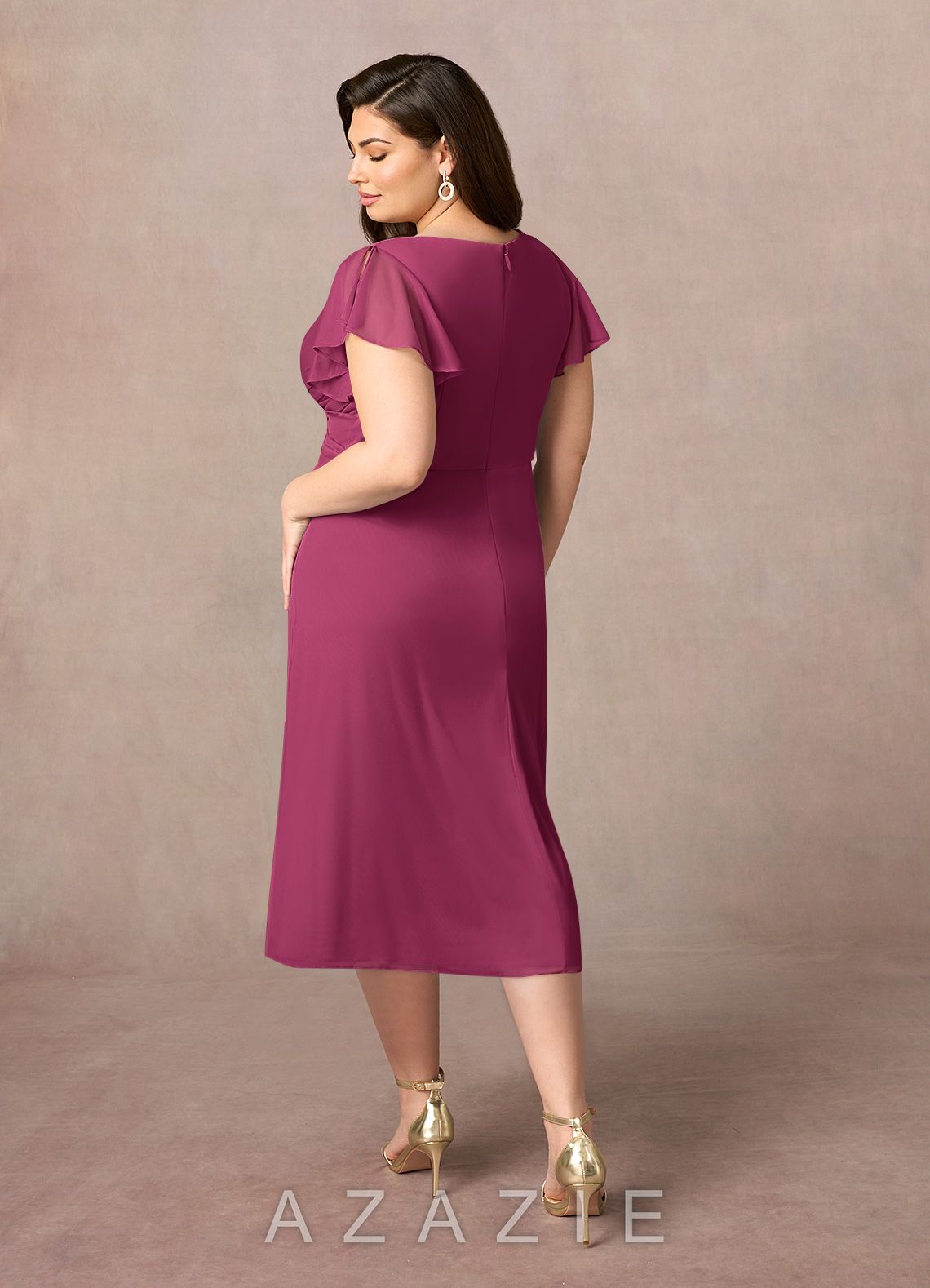 Azazie Vera Mulberry A-Line V-Neck Pleated Mesh Dress mulberry