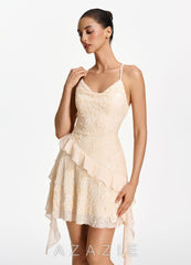 Honorata Champagne Sequin Floral Spaghetti Strap Lace Up Mini Dress