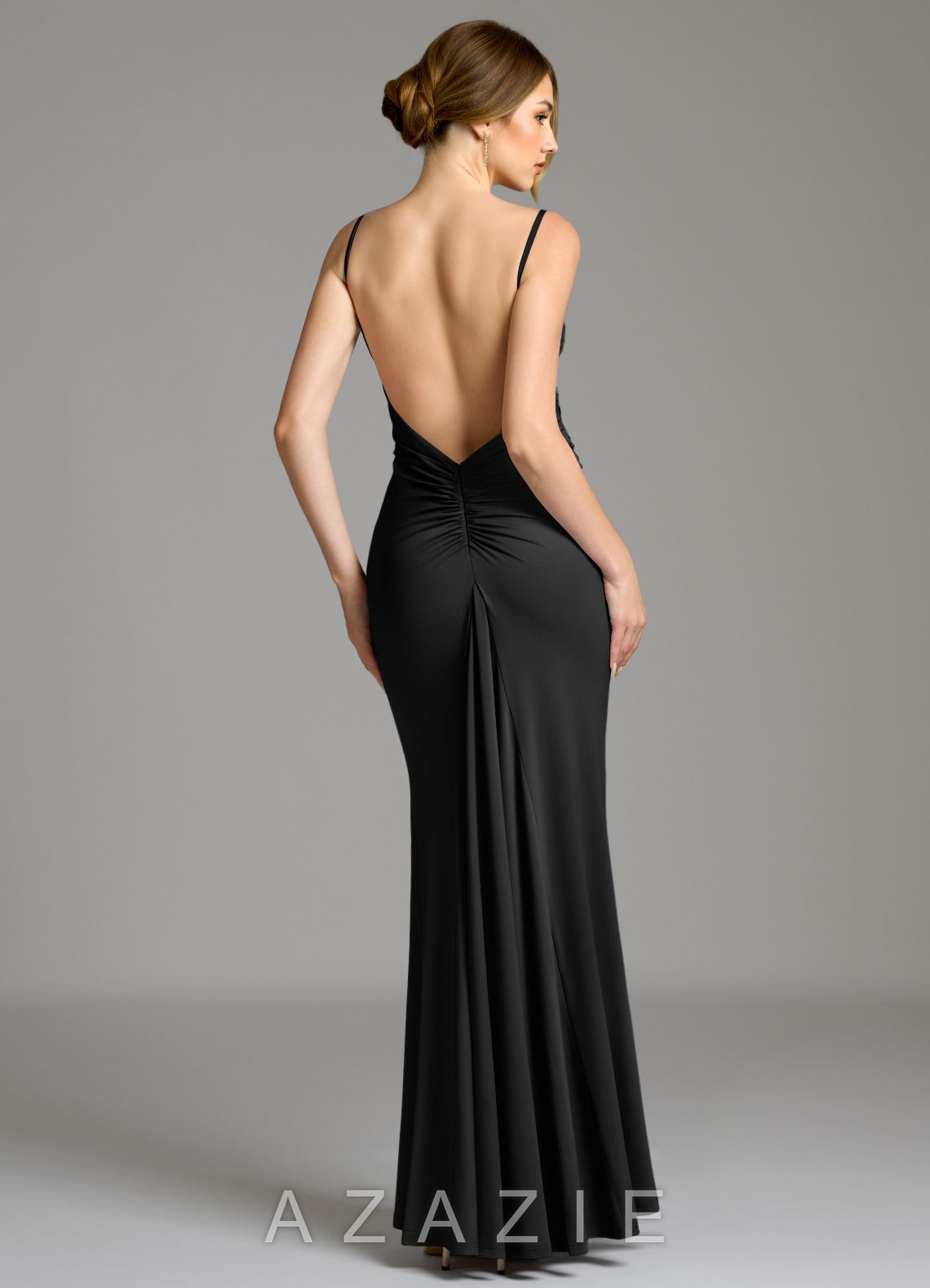 Azazie Jolene Black Mermaid Square Neckline Premium Stretch Jersey Dress black