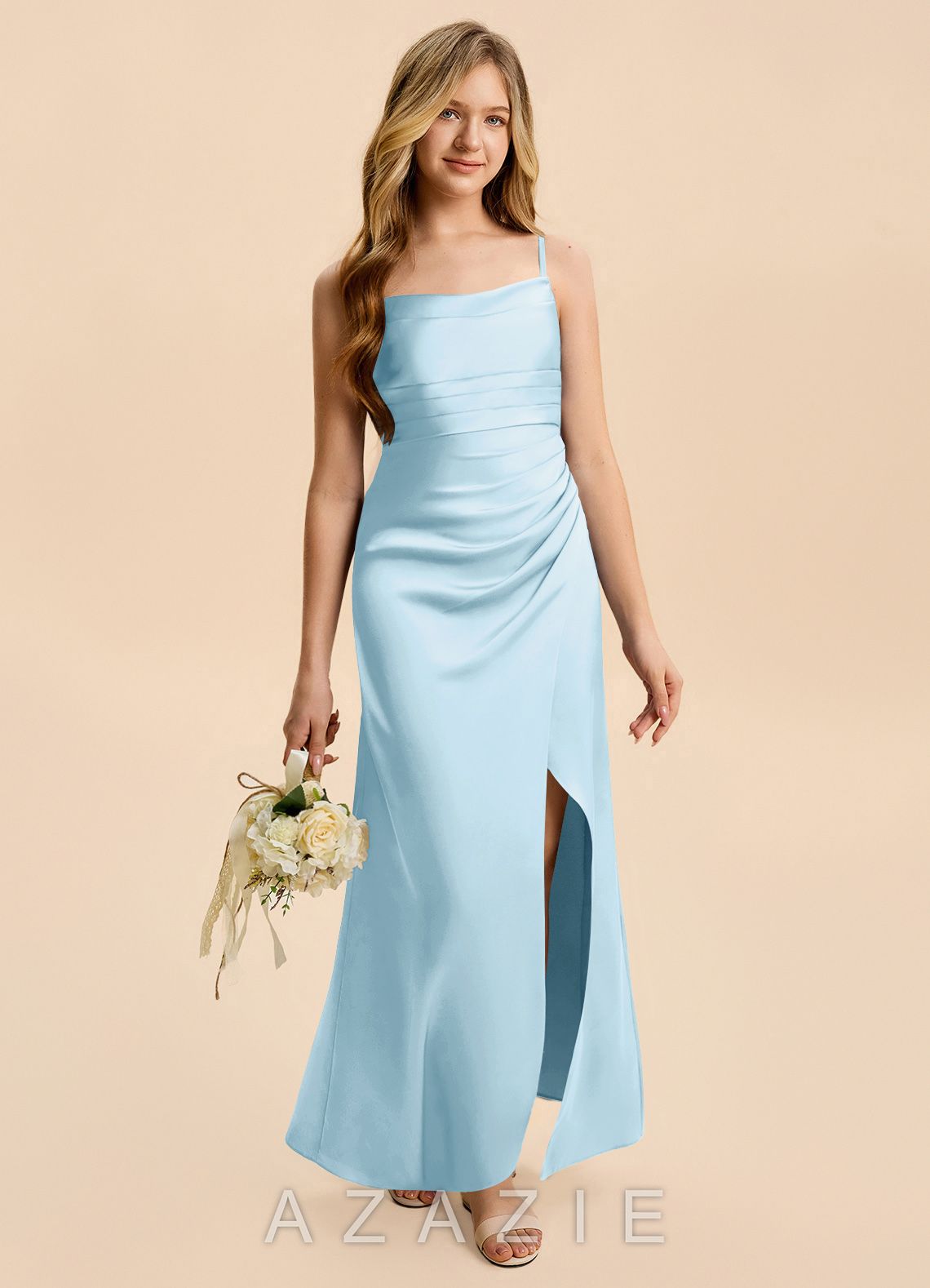 Azazie Minnie Junior Sky Blue Sheath Ruched Stretch Satin Dress sky_blue
