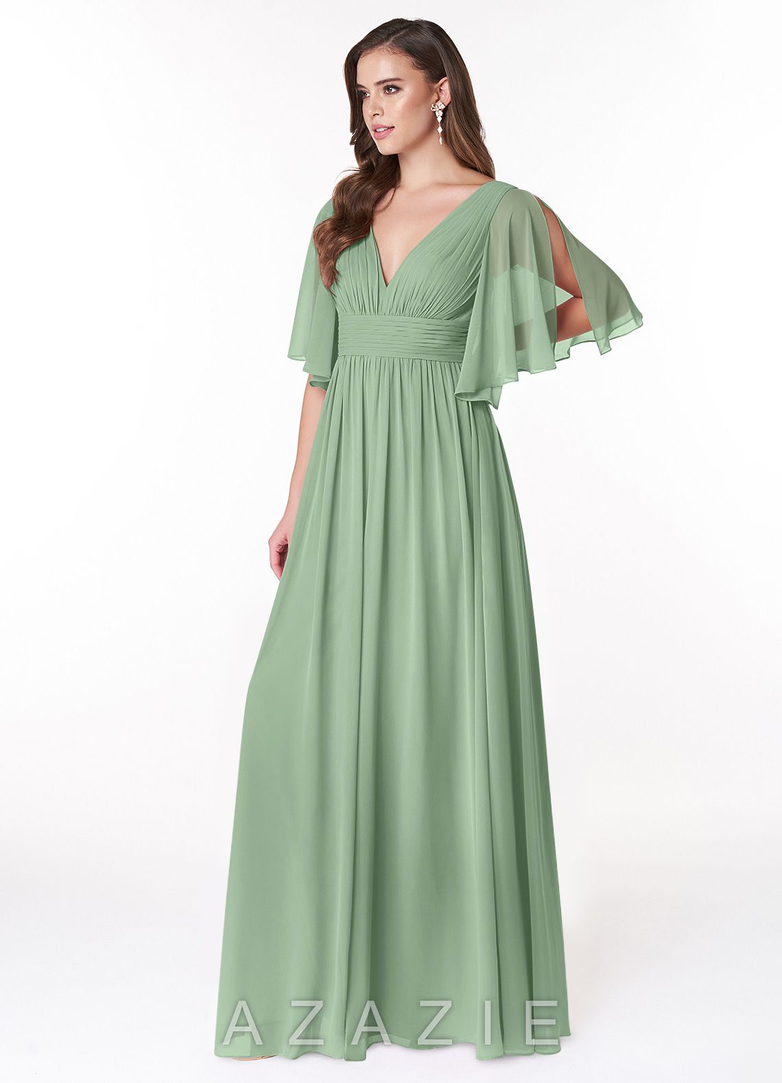 Azazie Temeka Matcha A-Line Ruched Chiffon Dress matcha