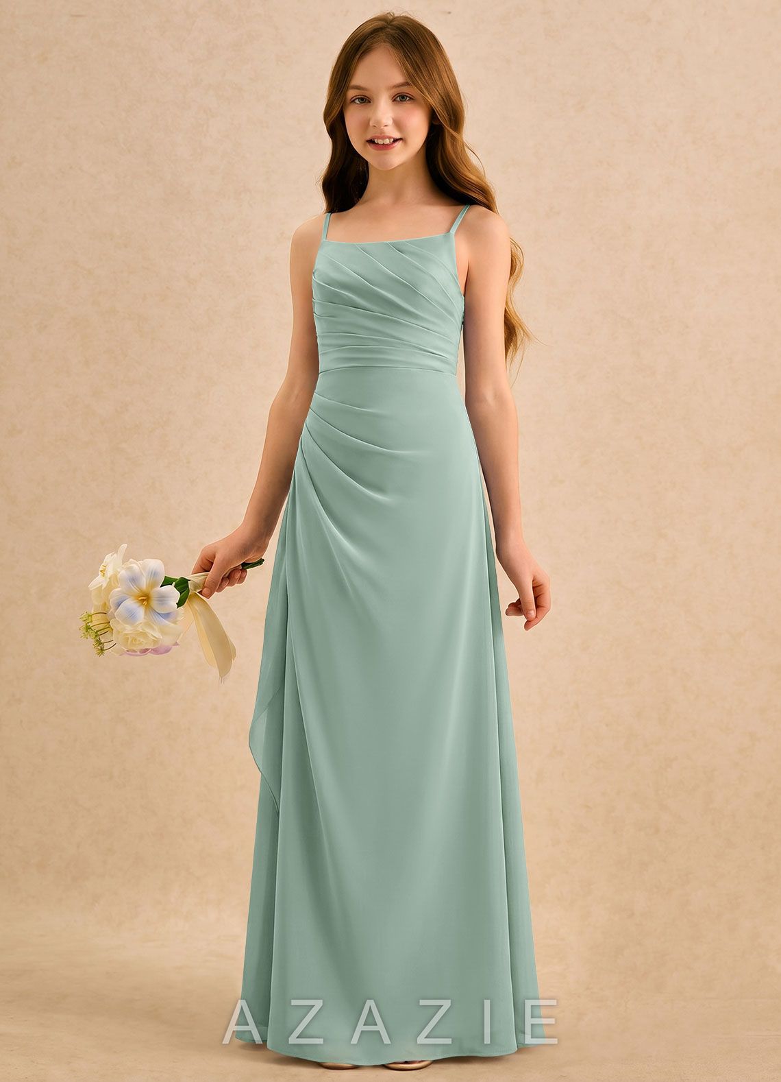 Azazie Cannoli Girls Formal Agave A-Line Pleated Chiffon Dress agave