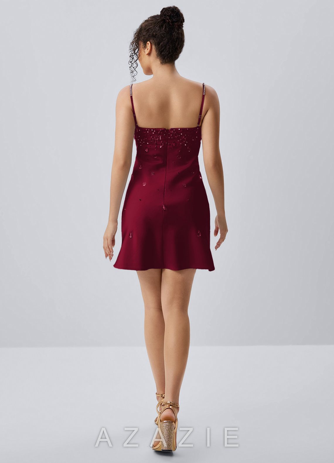 Lindrosa Merlot Rhinestone Beading Sequin Embroidery Satin Mini Dress