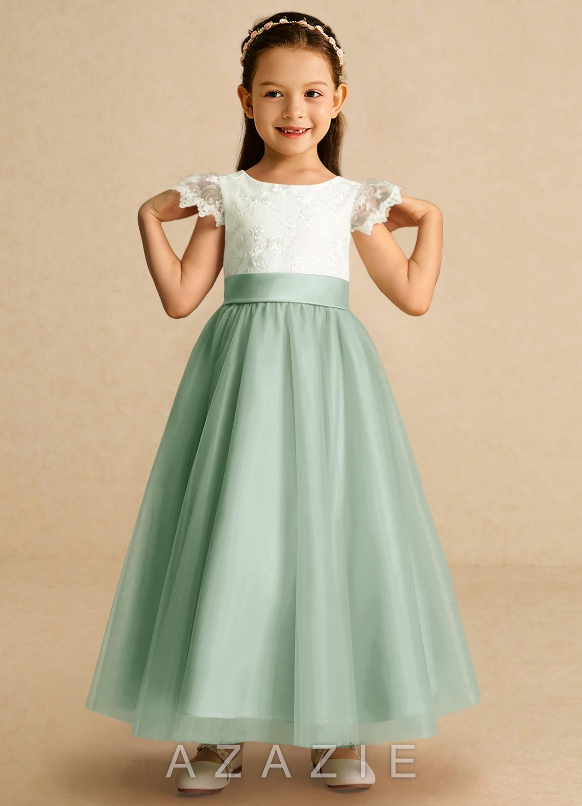 Azazie Pookie Agave A-Line Lace Tulle Dress agave