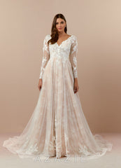 Azazie Leila Wedding Dress Diamond White Nude A-Line V-Neck Sequins Tulle Dress