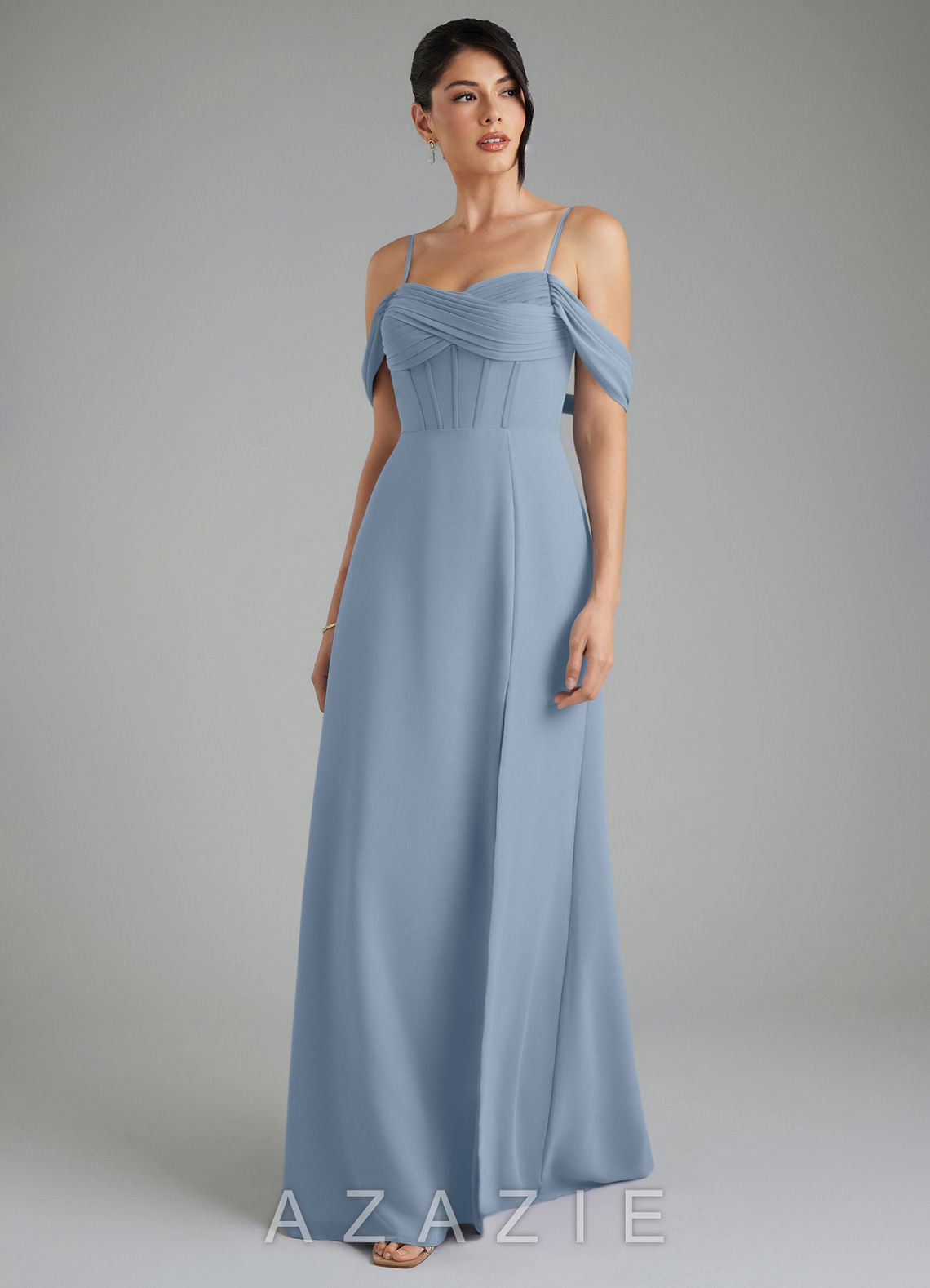 Azazie Cece Dusty Blue A-Line Off the Shoulder Chiffon Dress dusty_blue