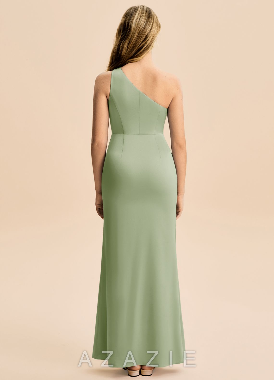 Azazie Akilah Junior Dusty Sage Sheath Pleated Stretch Satin Dress dusty_sage