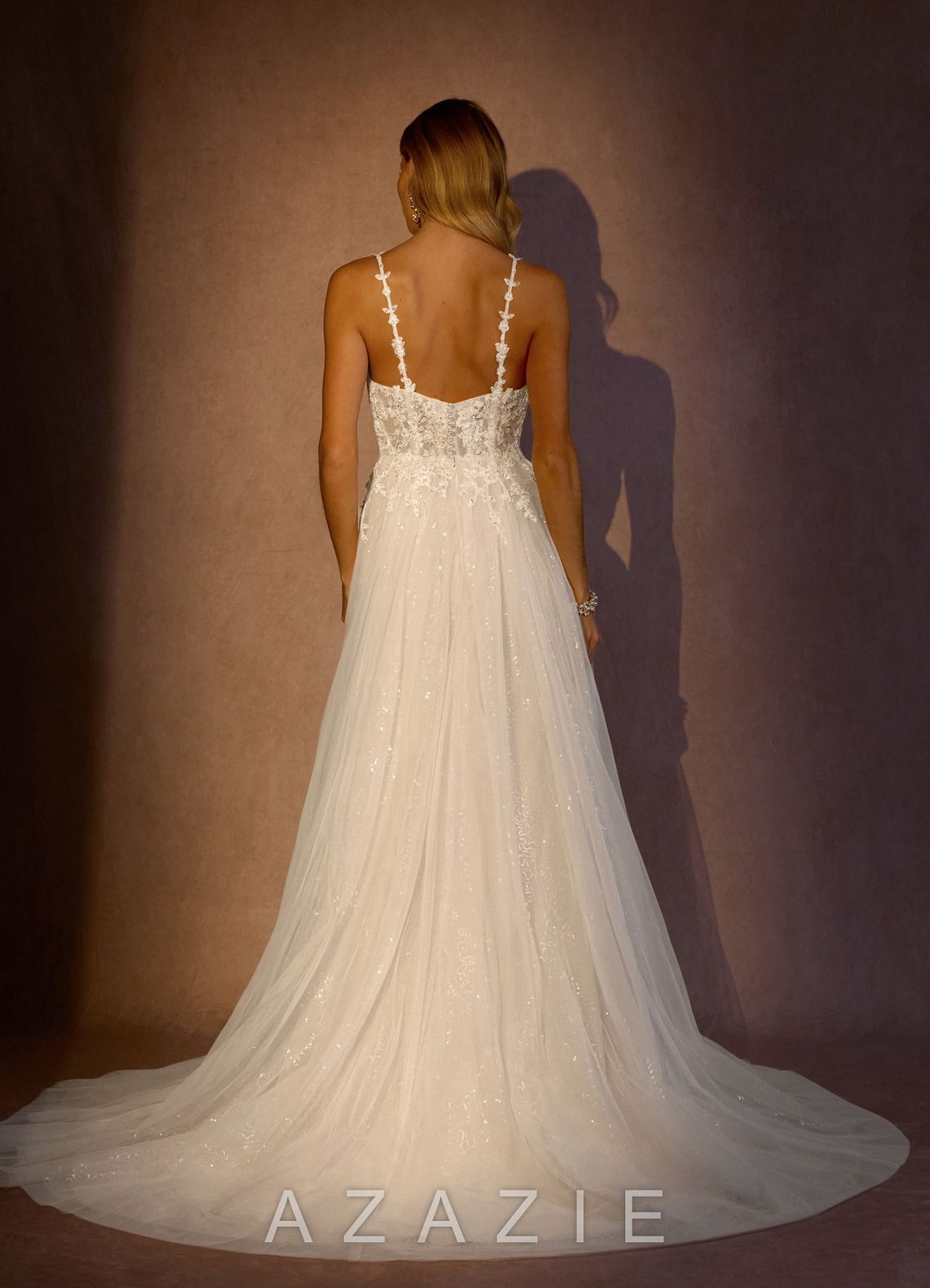 Azazie Florian Wedding Dress Diamond White A-Line V-Neck Sequins Tulle Dress diamond_white