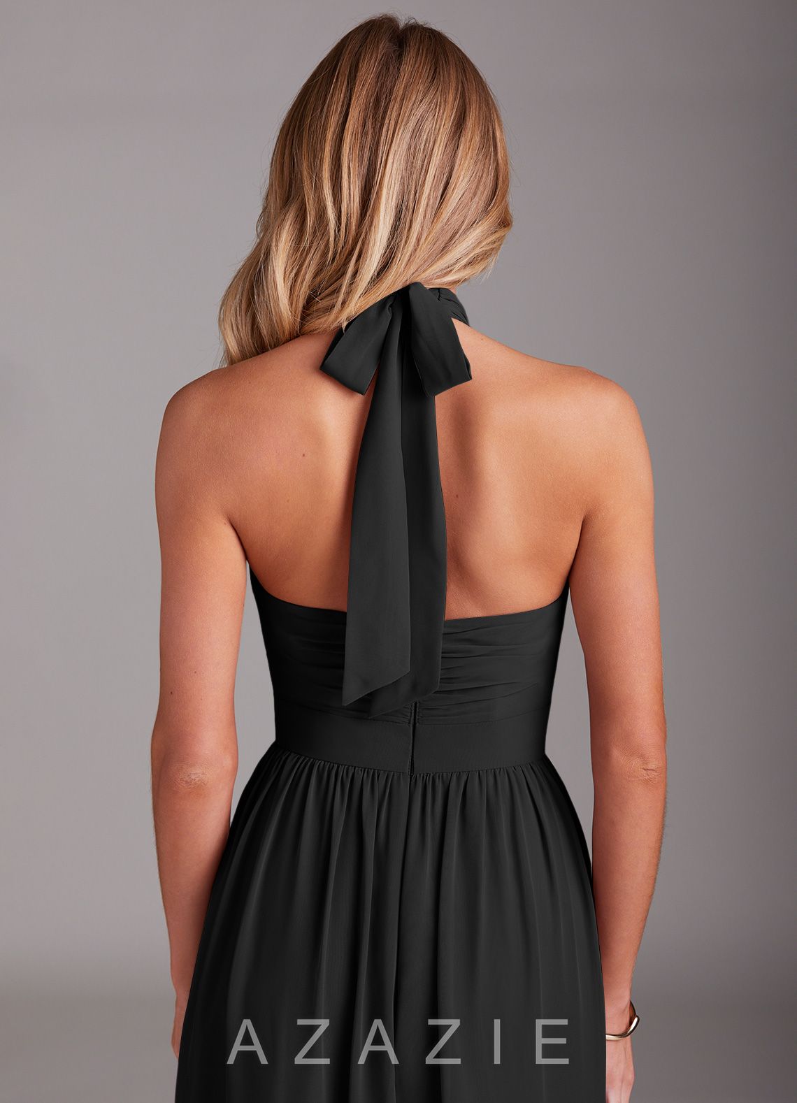 Azazie Avary Black A-Line Pleated Chiffon Dress black