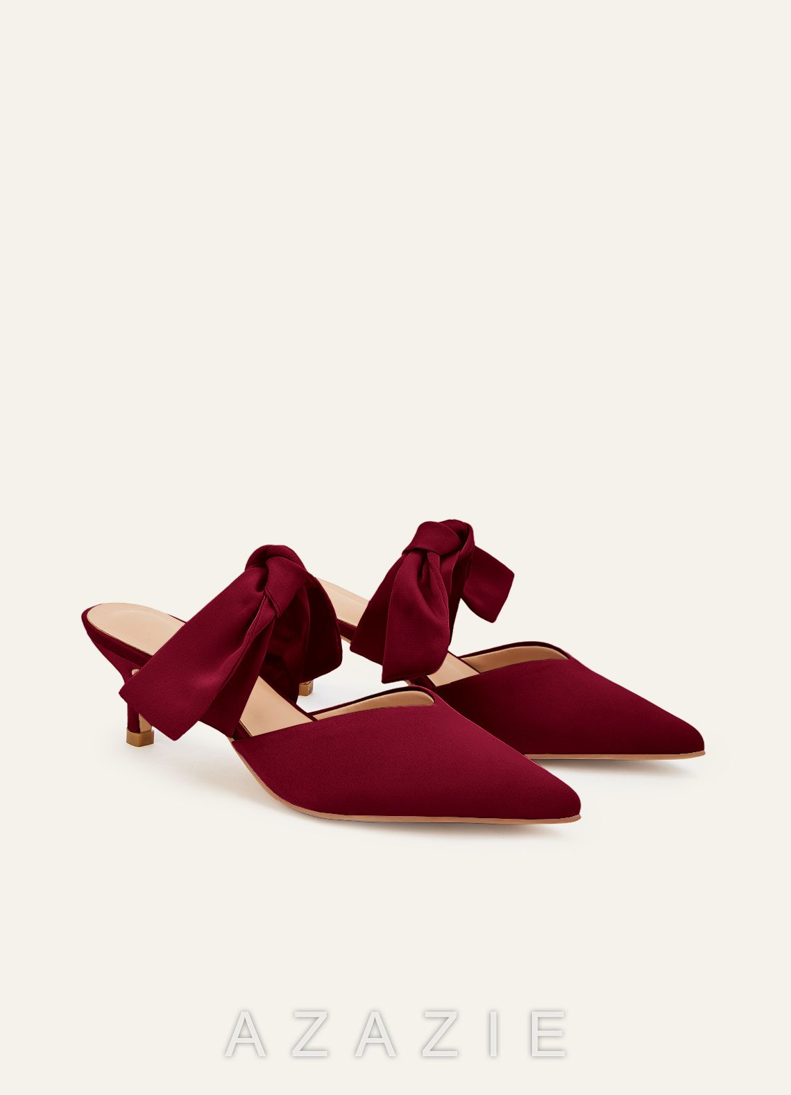 Matching Color Stretch Satin Bow Pointed Toe Kitten Heel Mules