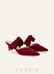 Matching Color Stretch Satin Bow Pointed Toe Kitten Heel Mules