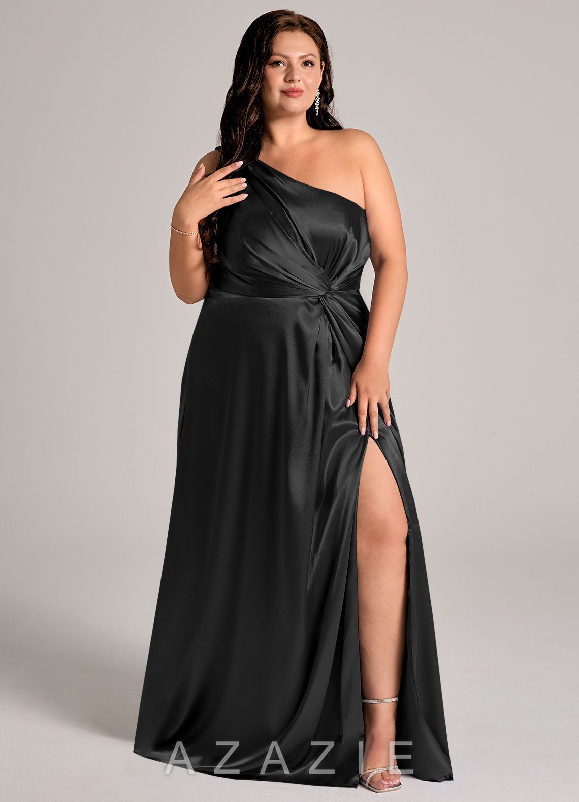 Azazie Brooke Black A-Line One Shoulder Metallic Satin Dress black