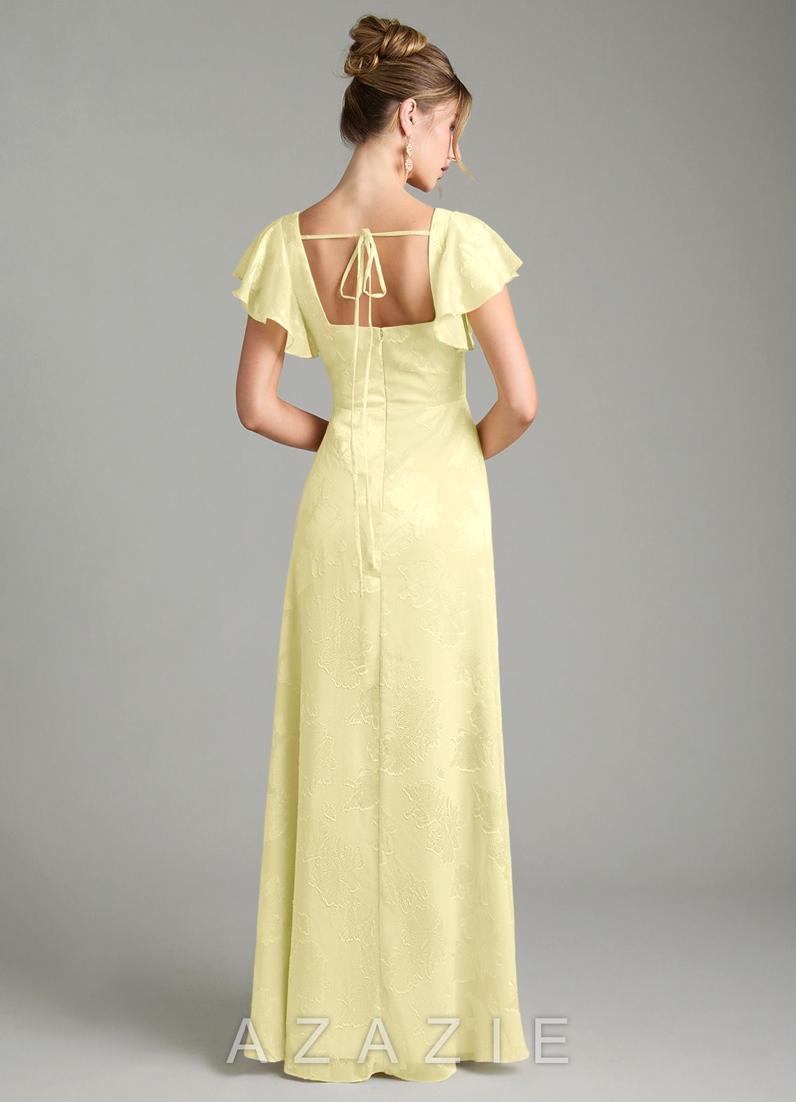 Azazie Bondi Lemon Sorbet A-Line Ruched Floral Jacquard Burnout Dress lemon_sorbet