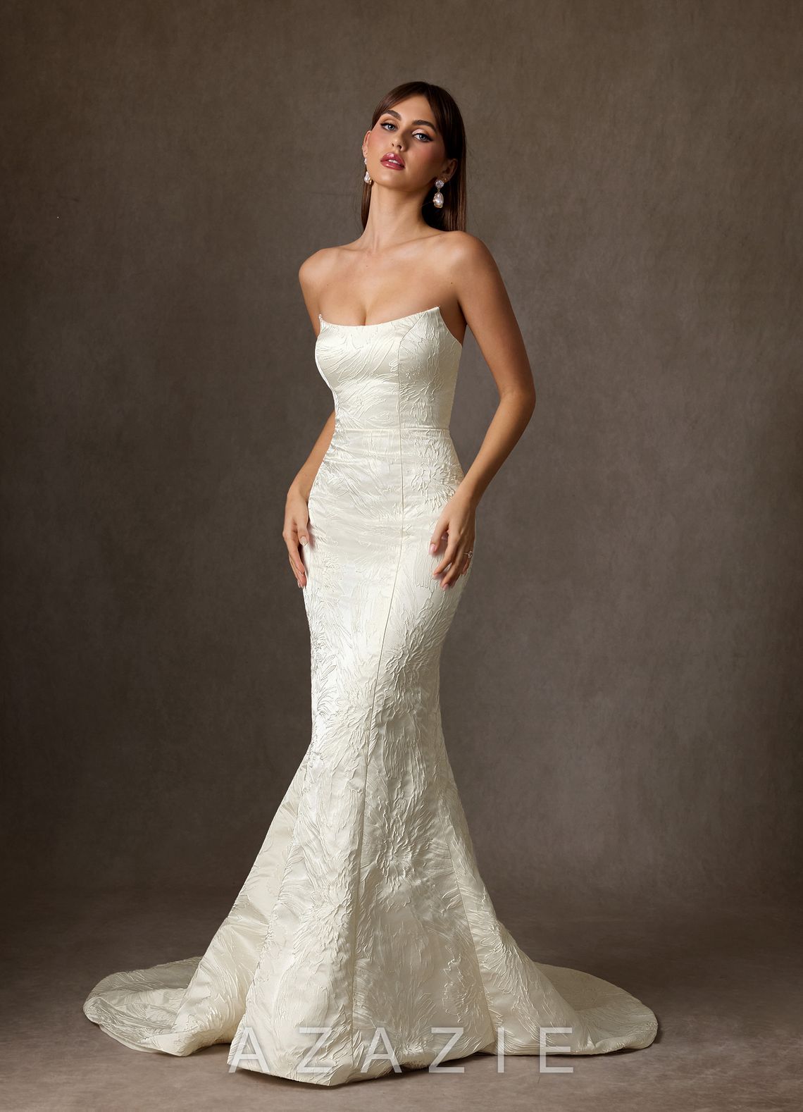 Azazie Serephina Antique White Mermaid Strapless Floral Jacquard Dress antique_white