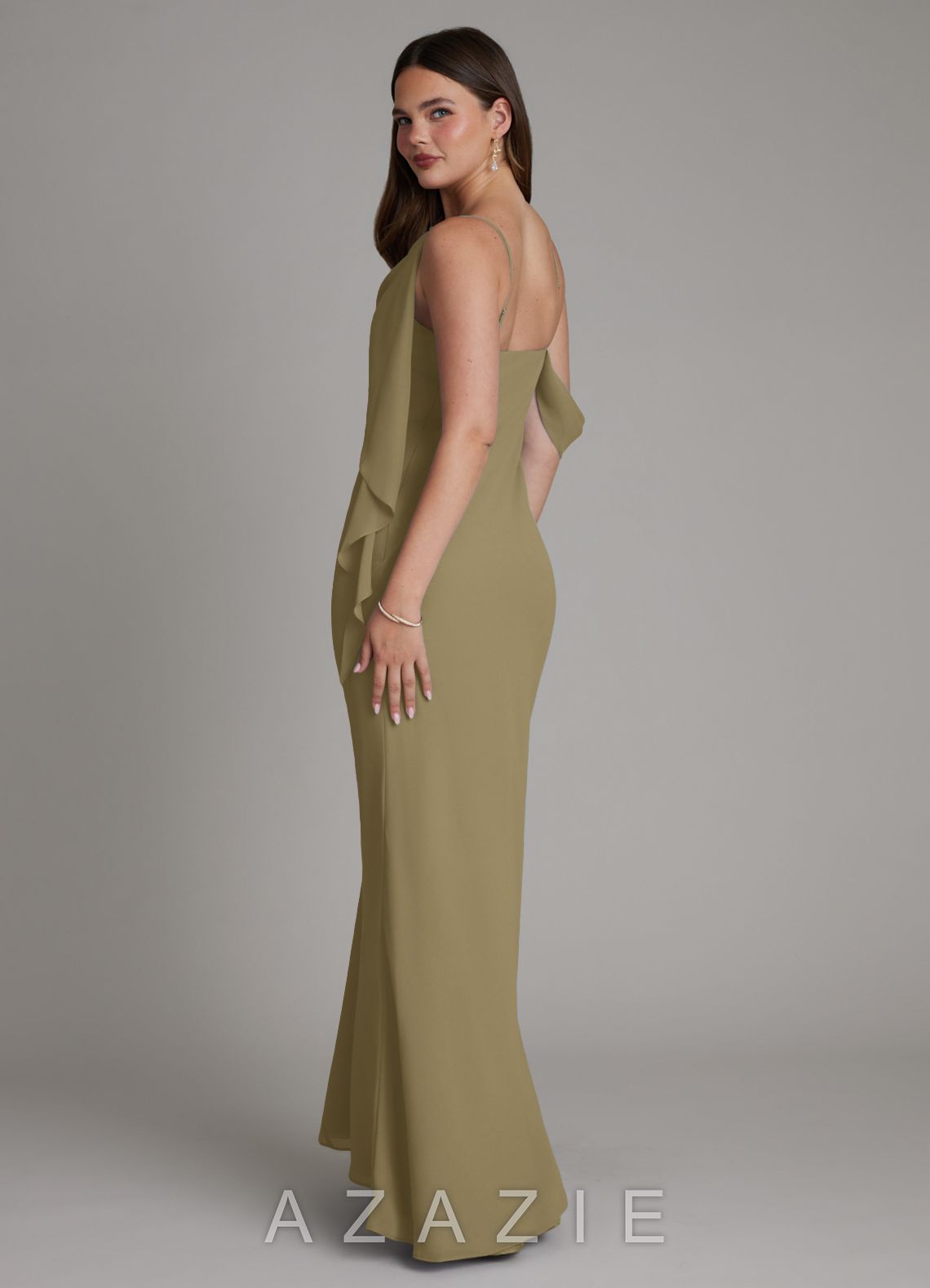Azazie Yura Moss Green Mermaid Off the Shoulder Chiffon Dress moss_green